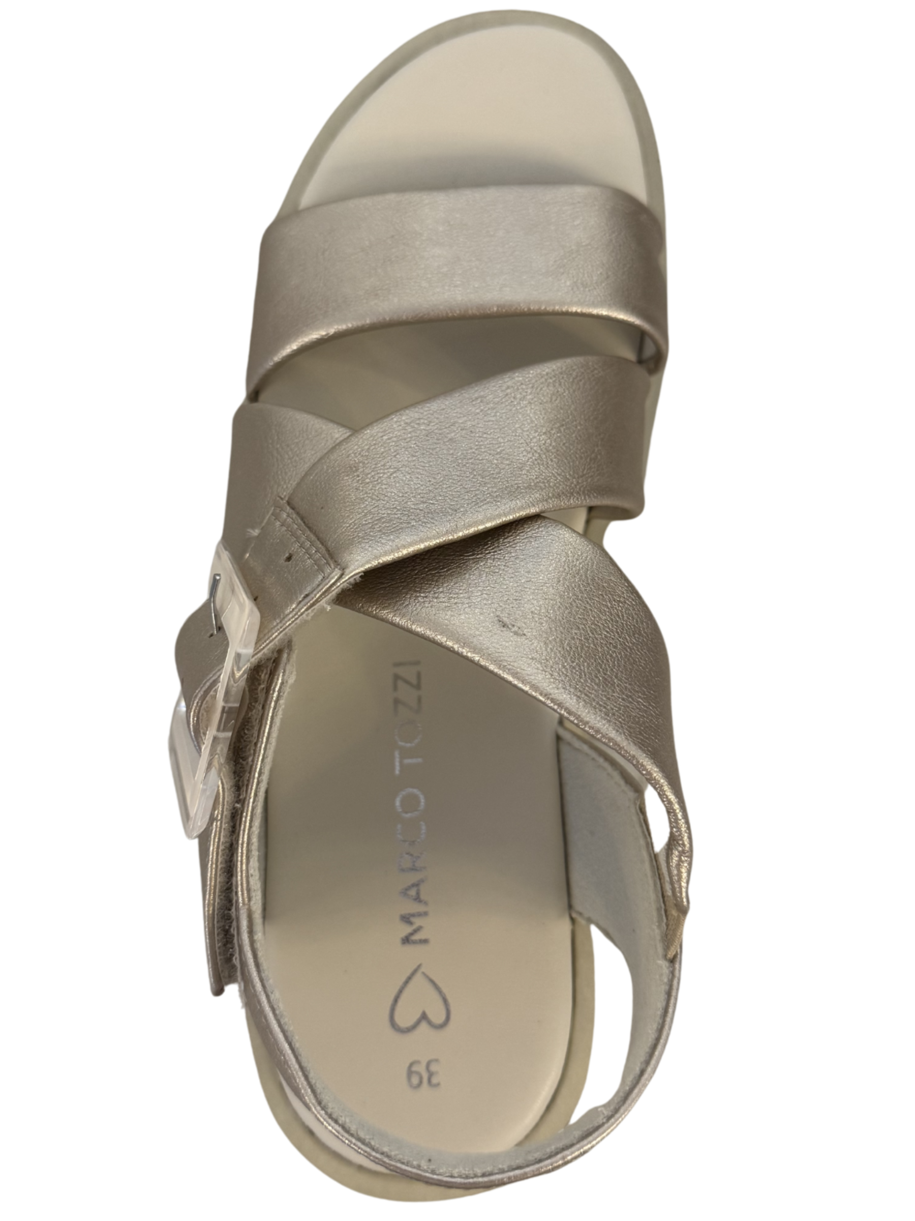 Marco Tozzi 28525 957 Platinum Sandals with crossover straps and metallic finish.