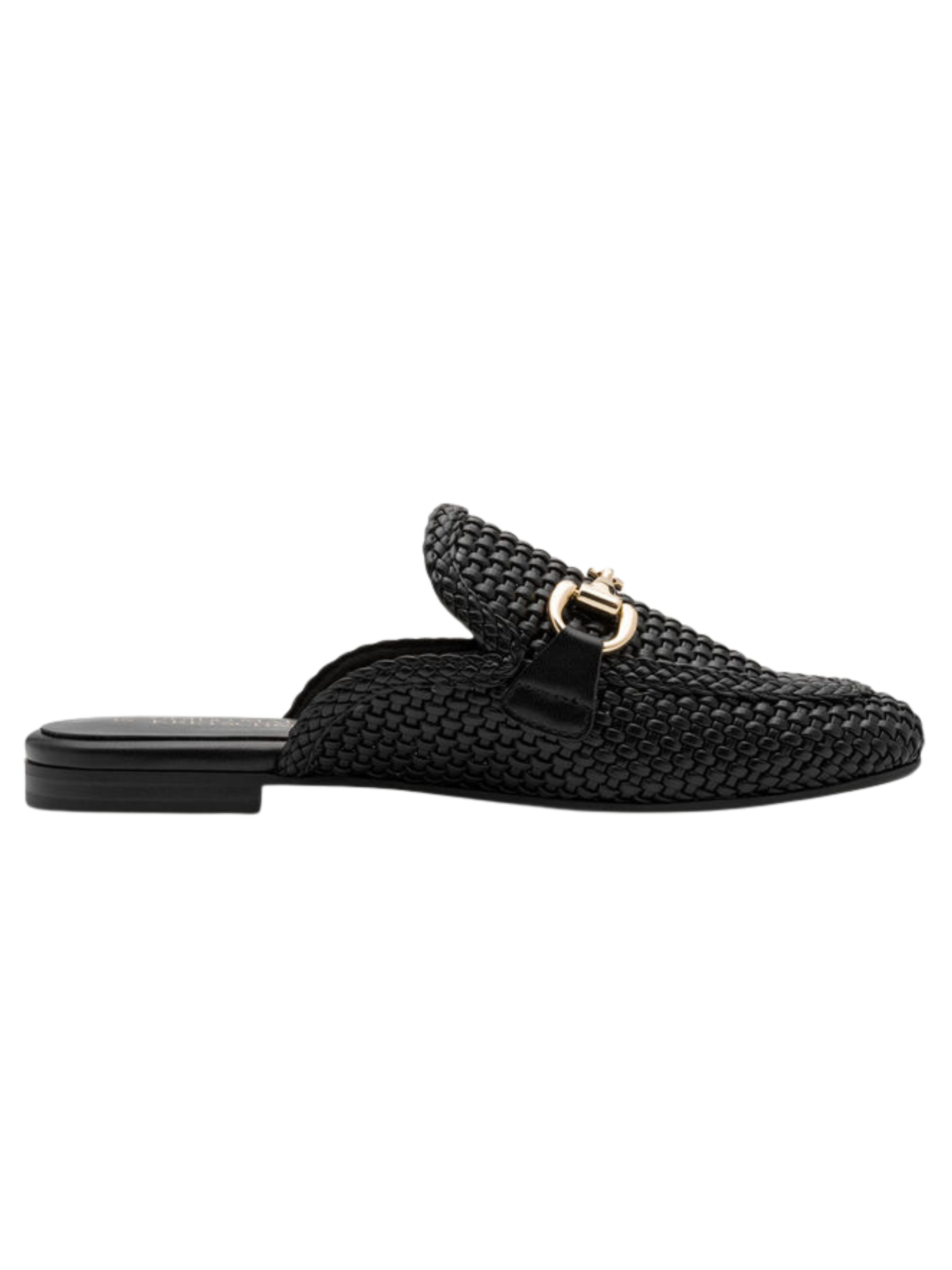 Marco Tozzi 87300 001 Black Flat Mule with woven metallic-effect upper, decorative hardware detail and slip-on flat design.