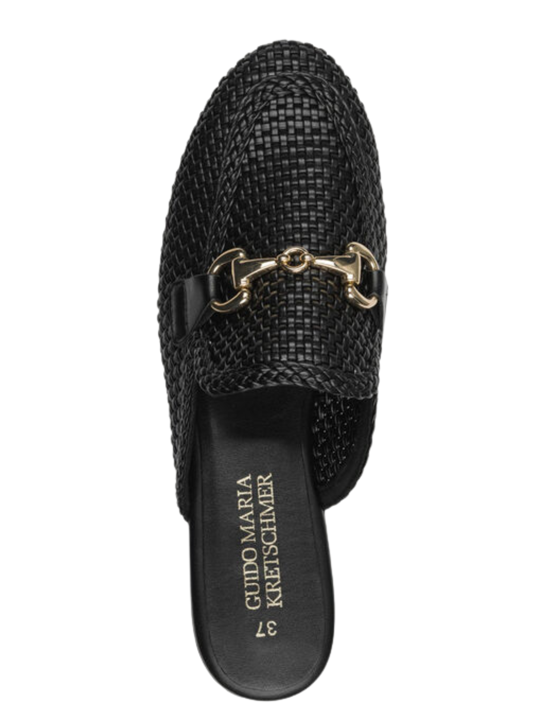 Marco Tozzi 87300 001 Black Flat Mule with woven metallic-effect upper, decorative hardware detail and slip-on flat design.