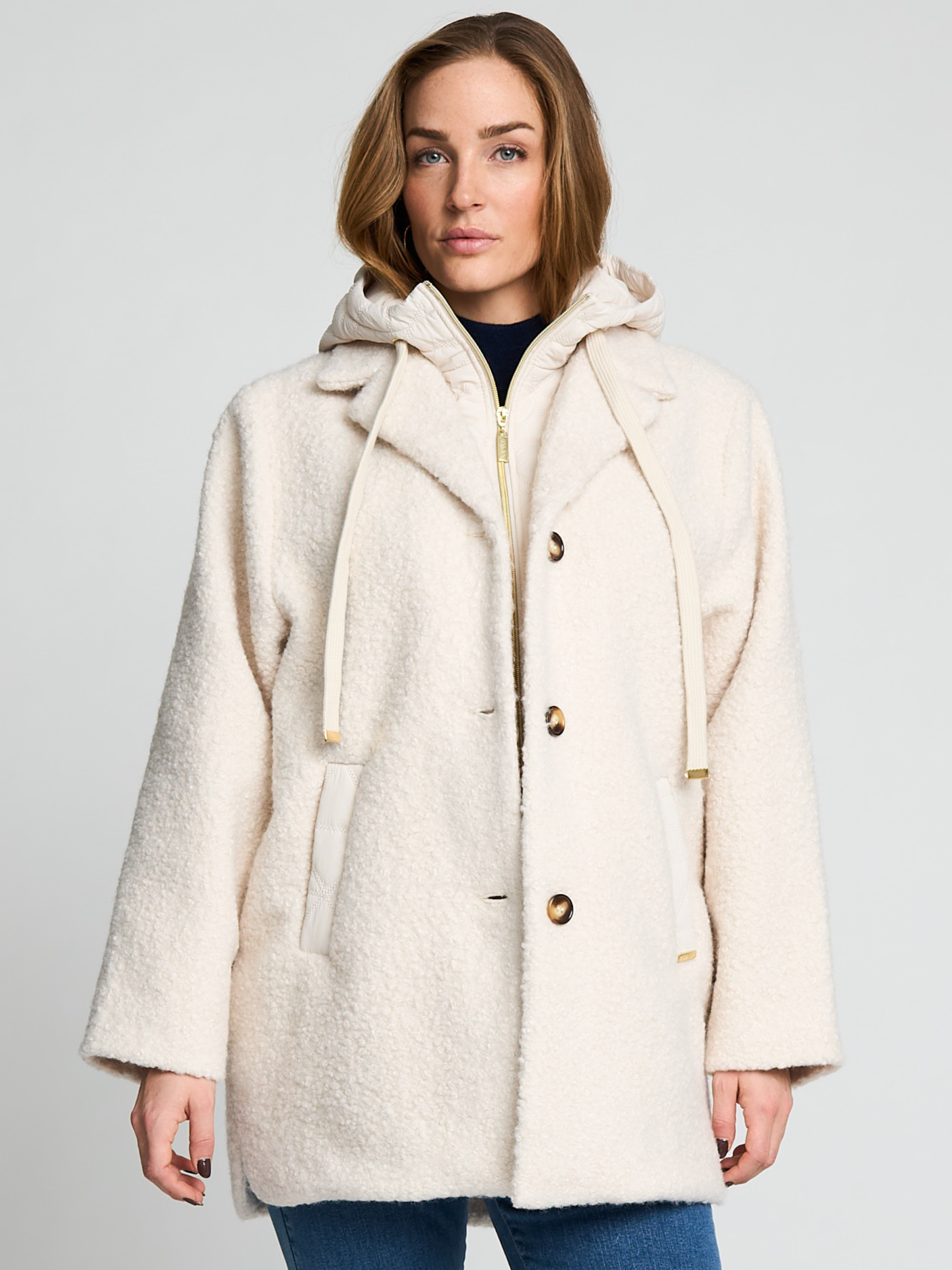Micha 284 Outerwear with teddy texture, button front, hood detail, pockets and generous fit