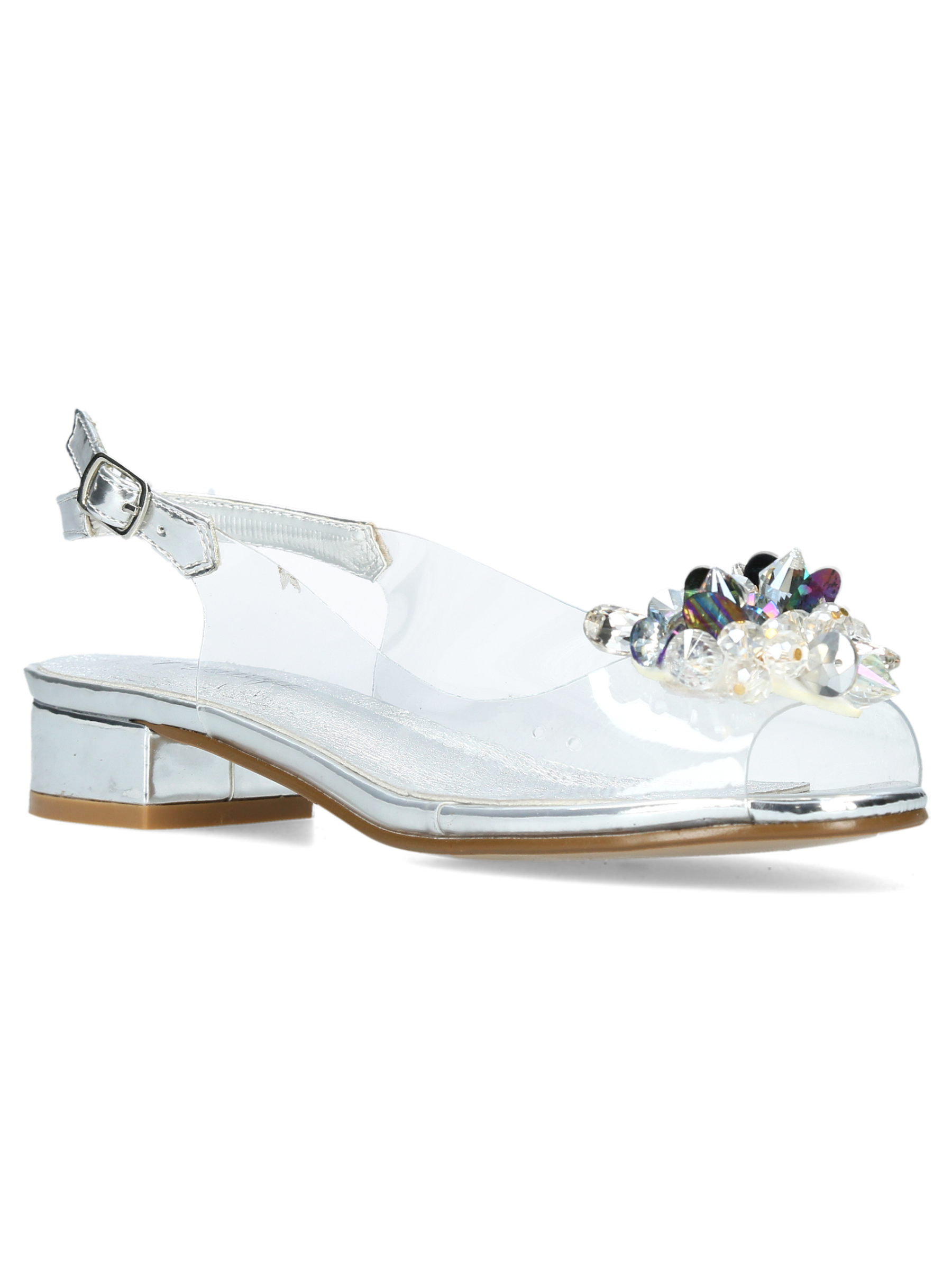 Misstyl - Maude Silver slingback heel with clear upper, crystal embellishment and 3cm block heel.