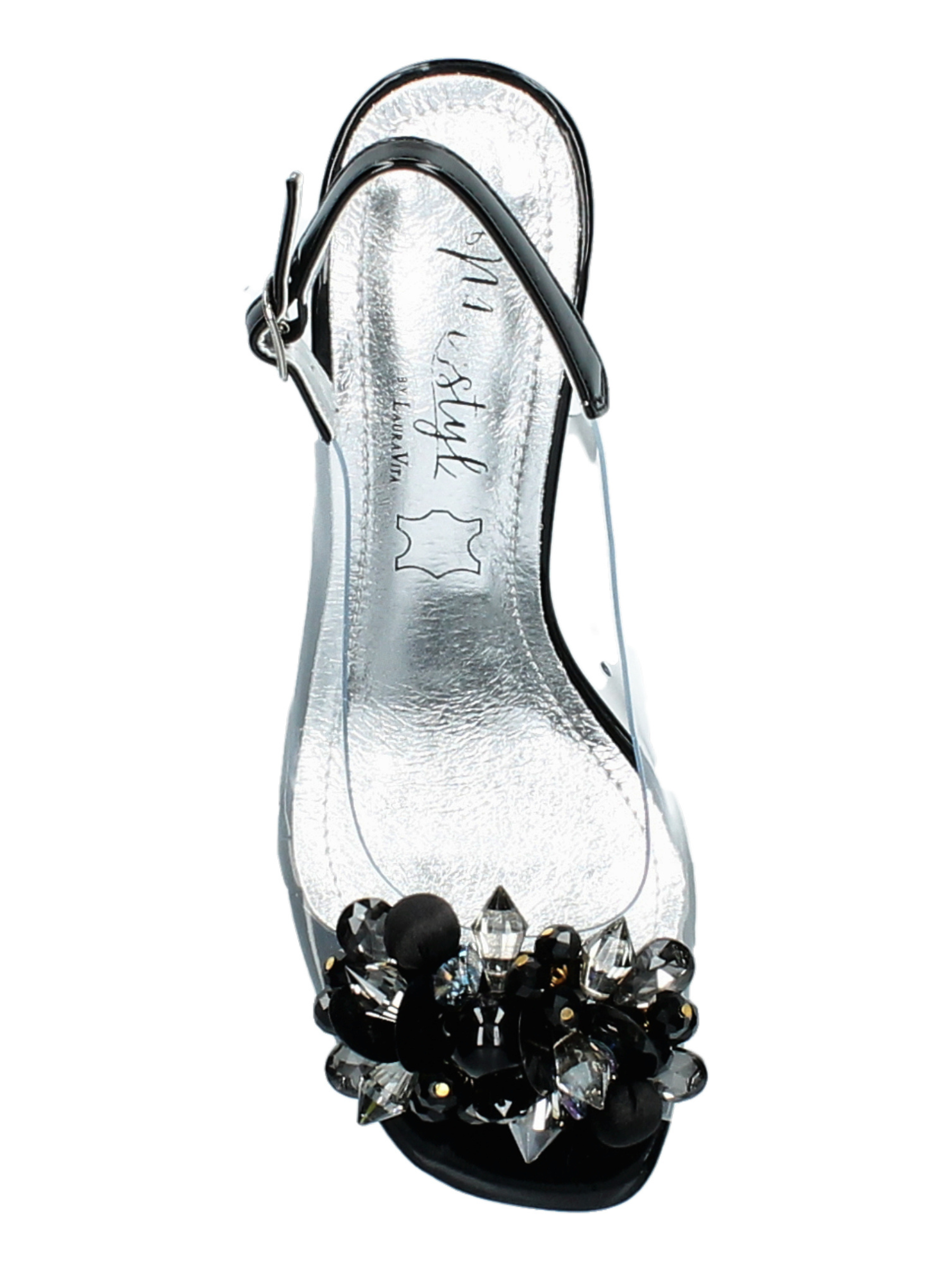 Misstyl Marlene 12 Black Heels with clear upper, embellishment detail and slingback strap.