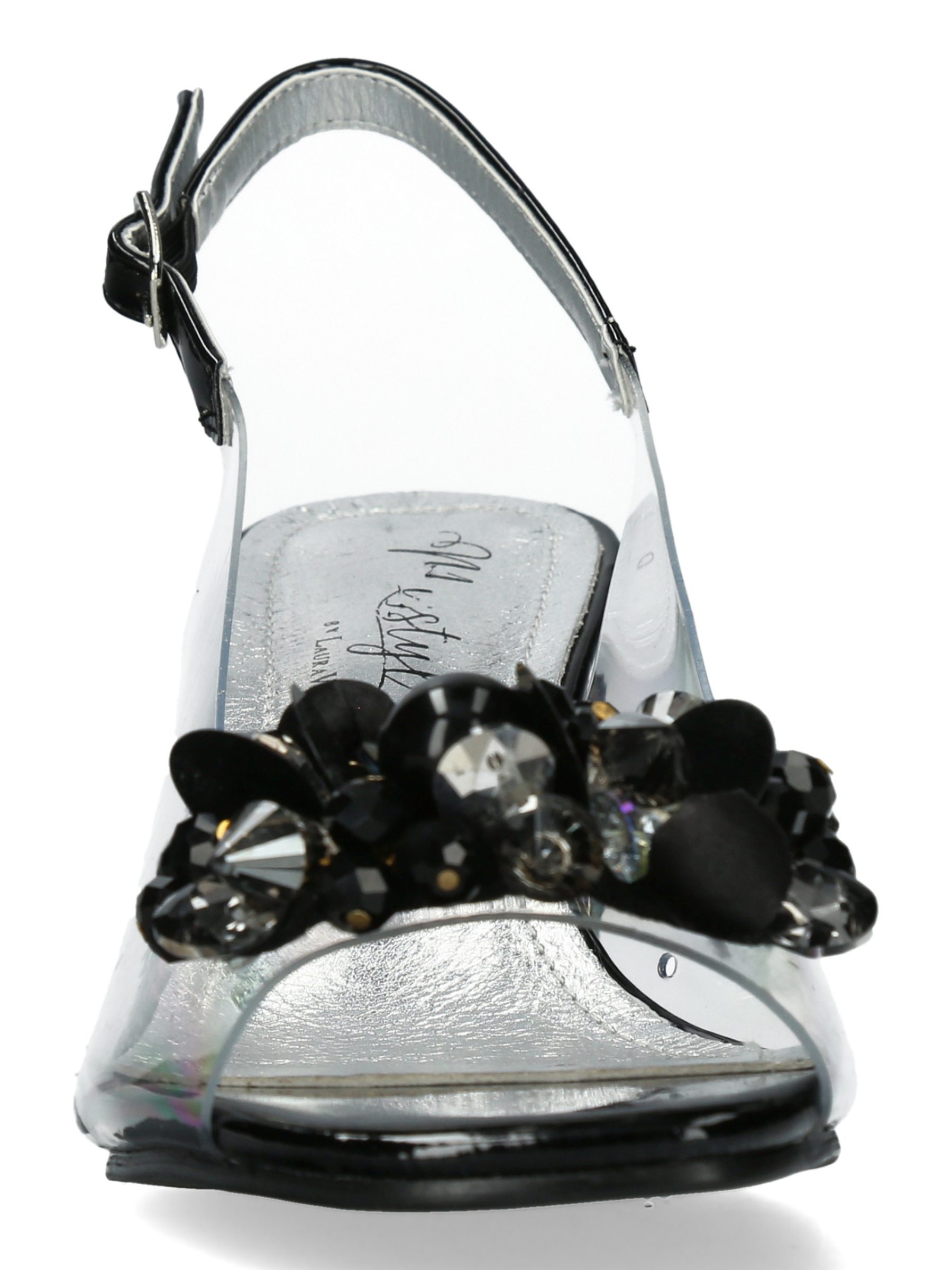 Misstyl Marlene 12 Black Heels with clear upper, embellishment detail and slingback strap.