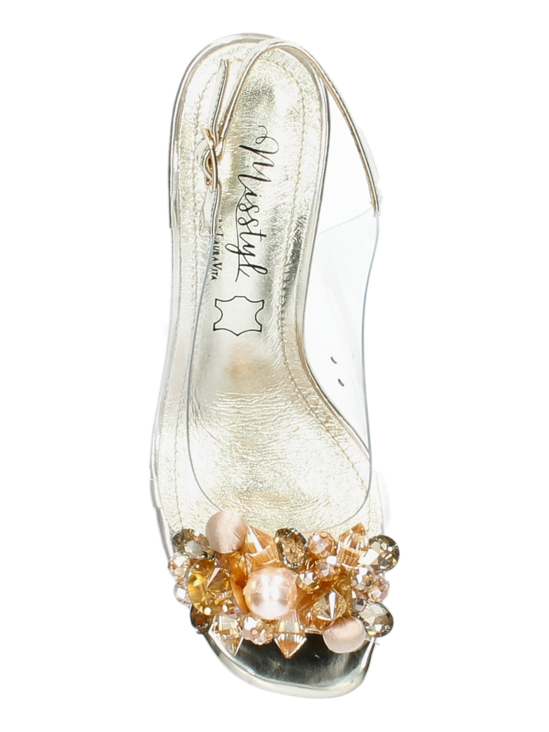 Misstyl Marlene 12 Gold Heels with clear upper, embellishment detail and slingback strap.