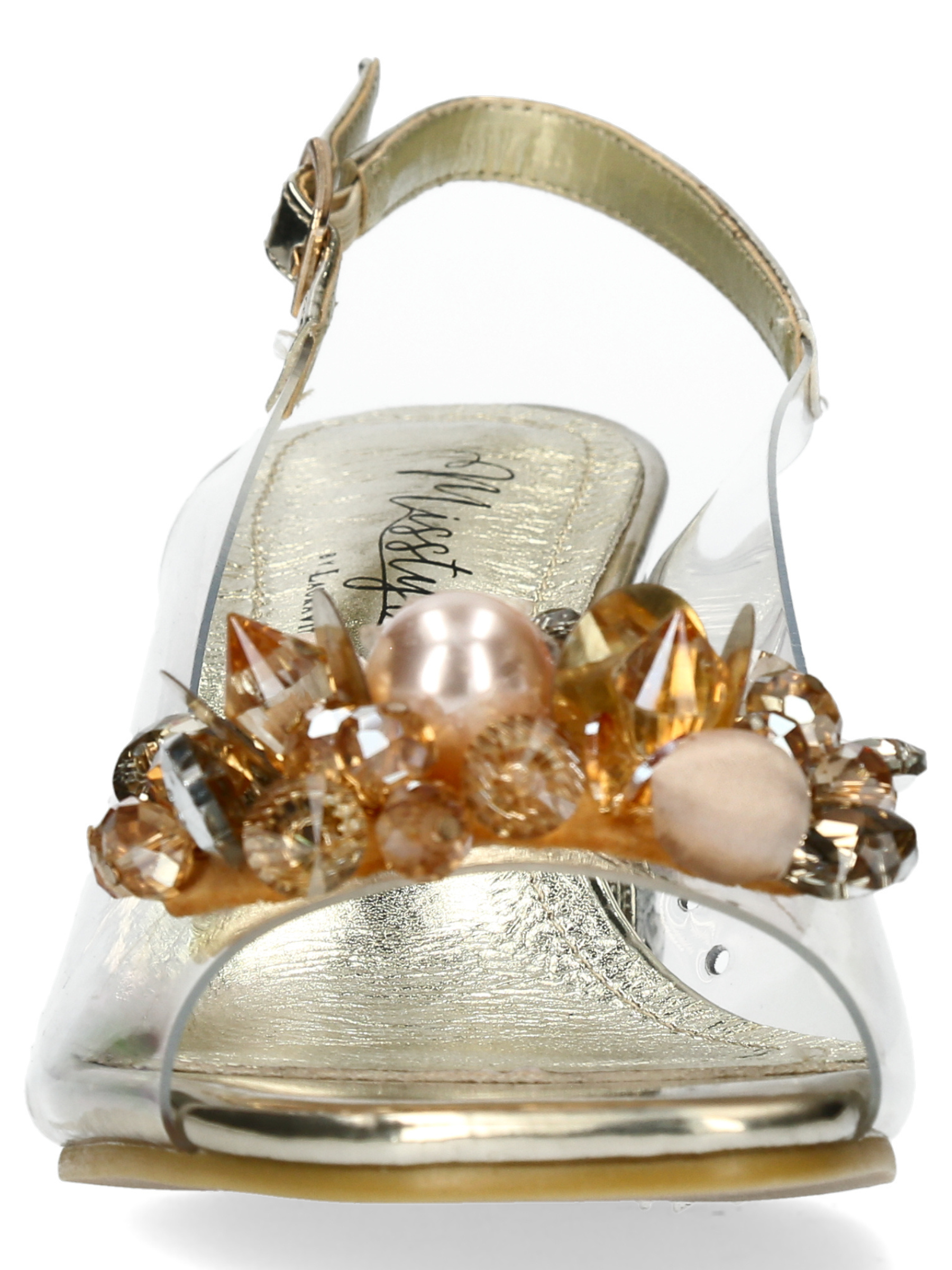Misstyl Marlene 12 Gold Heels with clear upper, embellishment detail and slingback strap.