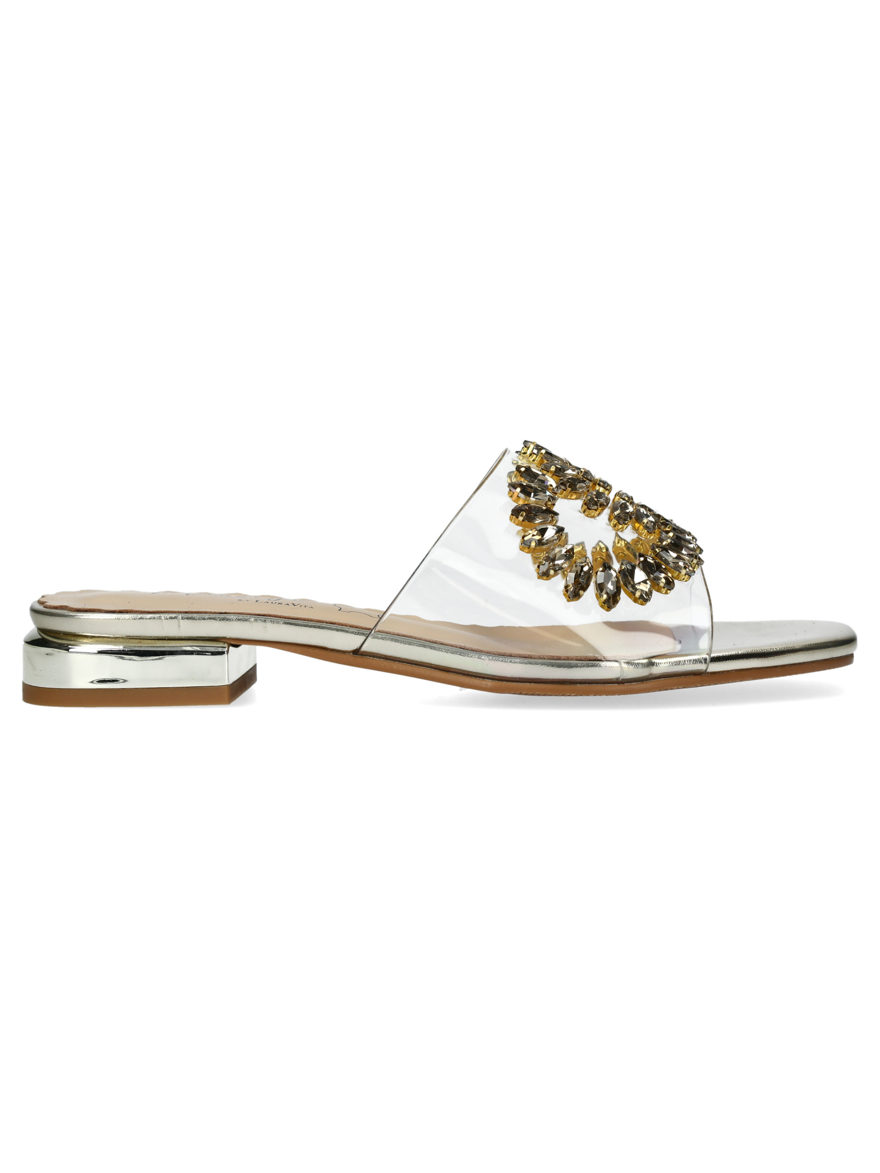 Misstyl Maxine 49 Gold Shoes with clear upper and crystal embellishment.