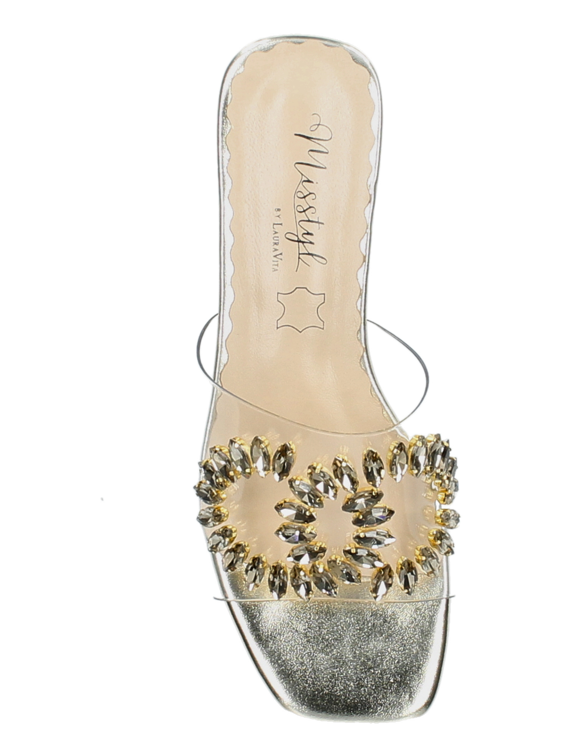 Misstyl Maxine 49 Gold Shoes with clear upper and crystal embellishment.