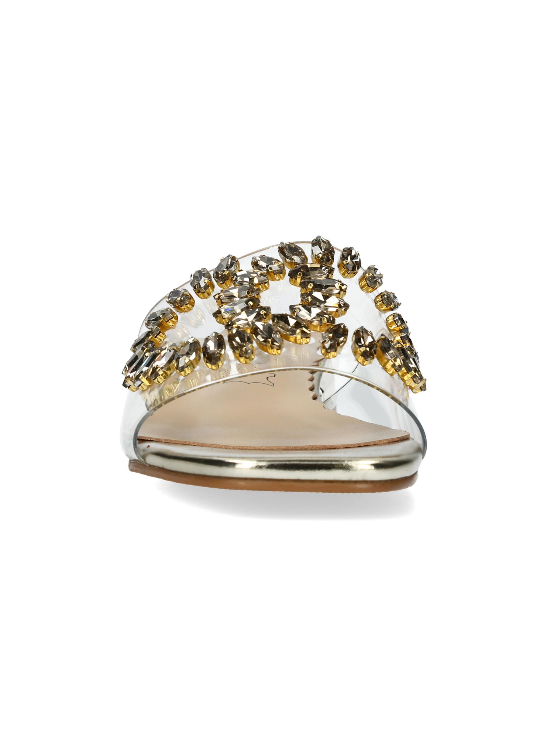 Misstyl Maxine 49 Gold Shoes with clear upper and crystal embellishment.