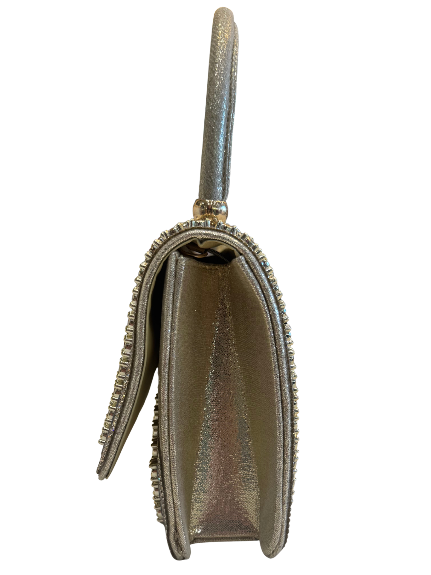 Misstyl Mila 03 Gold Bag with top handle, detachable chain strap, flap front and embellished finish.