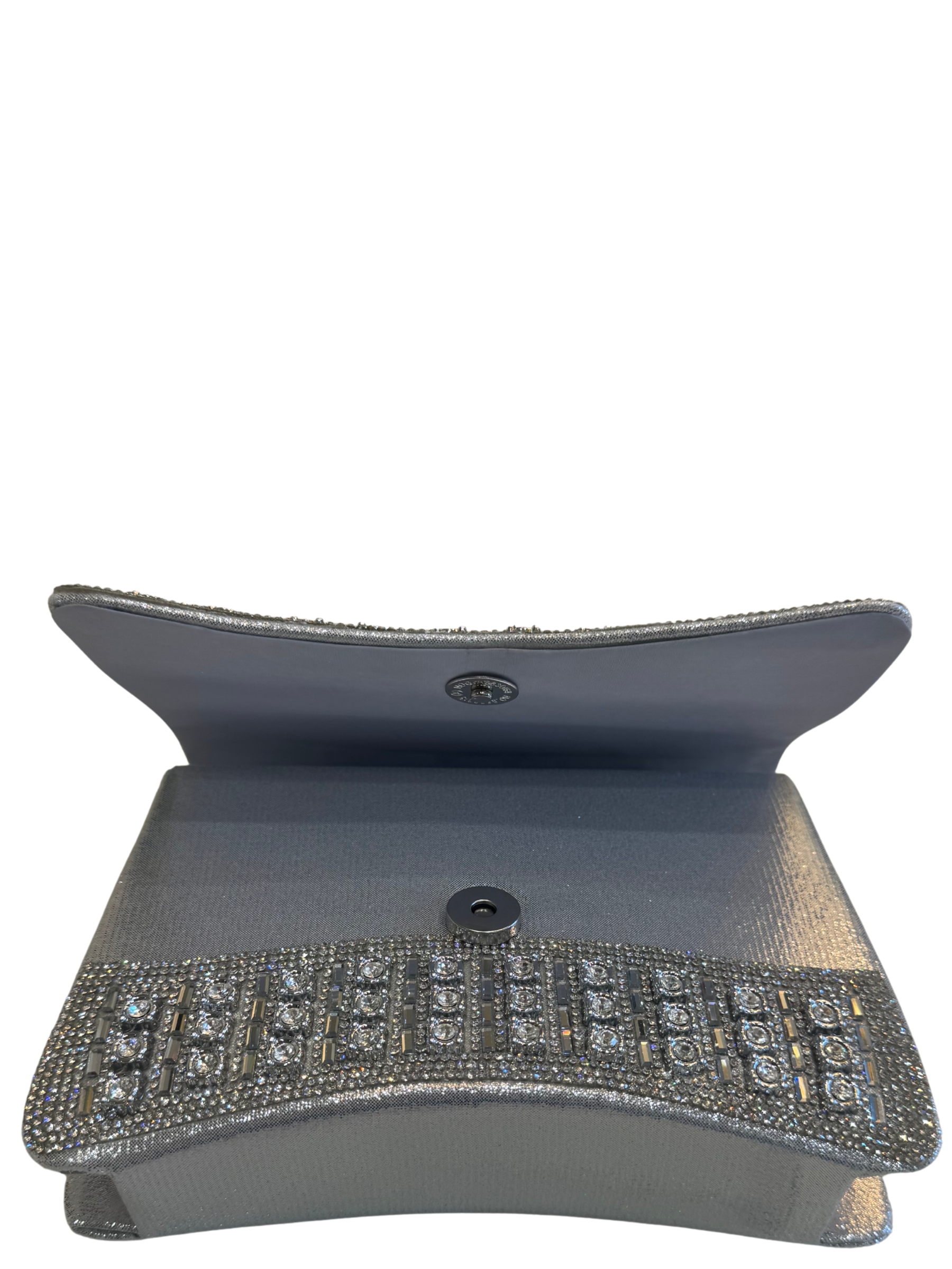 Misstyl Mila 03 Silver Bag with top handle, detachable chain strap, flap front and embellished finish.