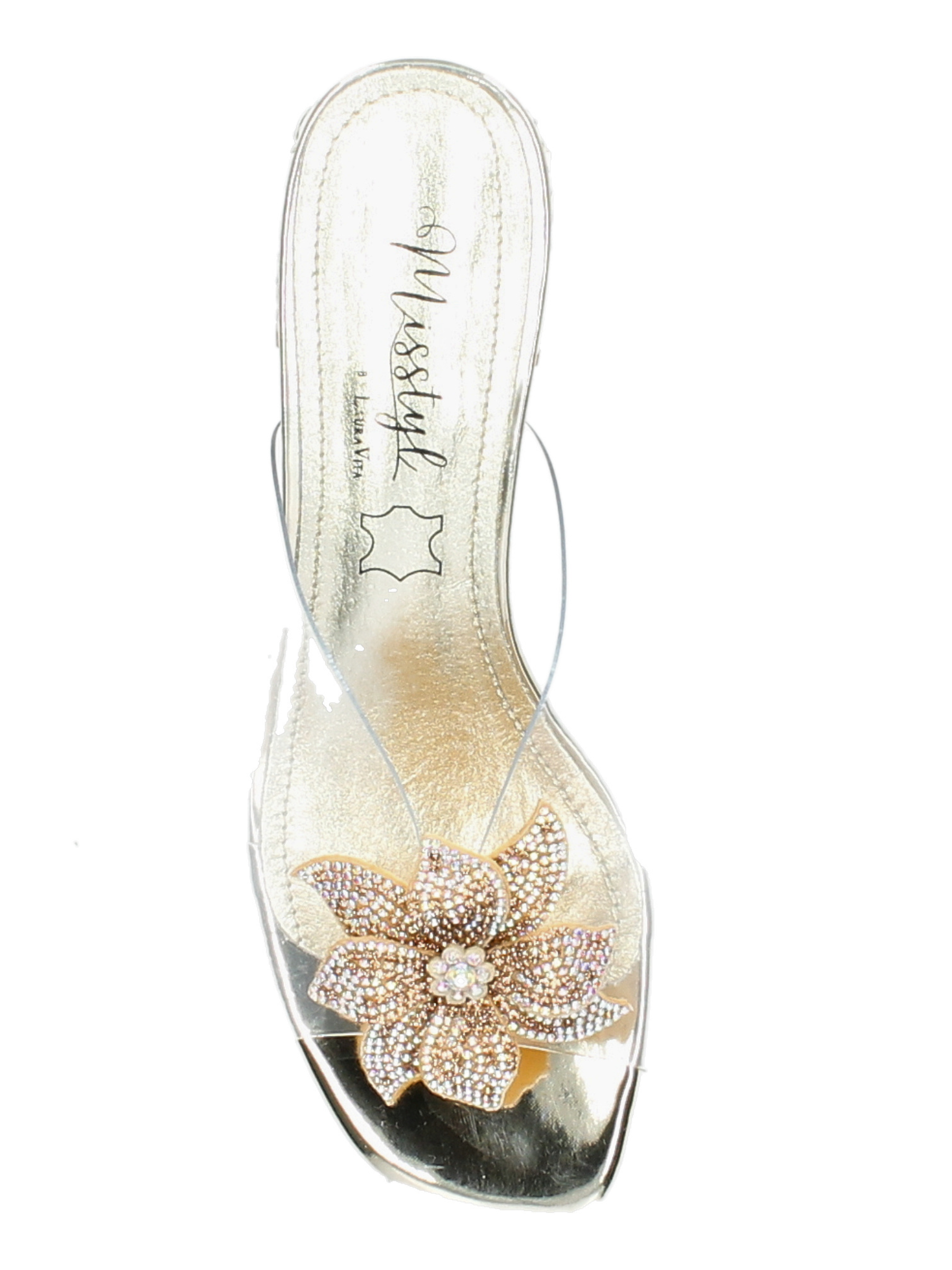 Misstyl Mily 20 Gold Shoes with clear upper and crystal embellishment.