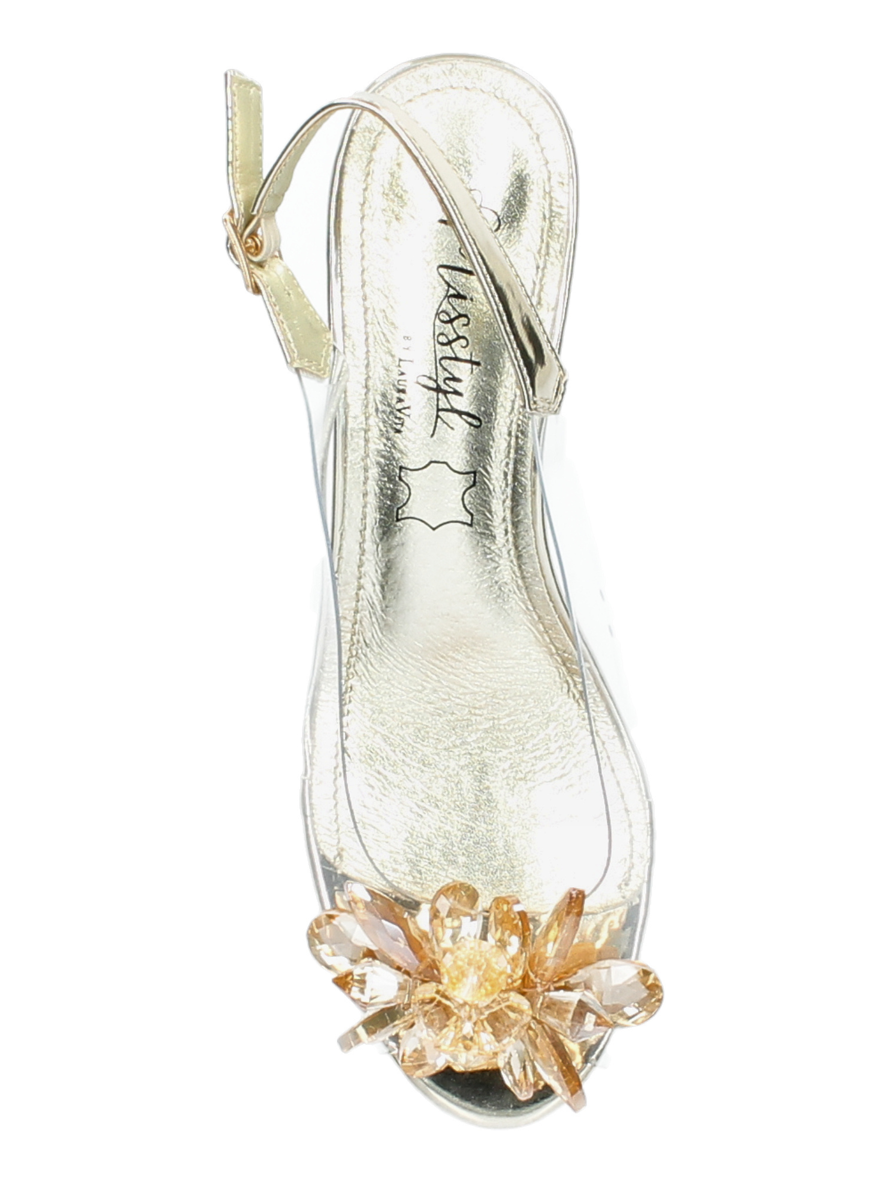 Misstyl Mily 22 Gold Heels with clear upper, crystal flower embellishment and decorative block heel.