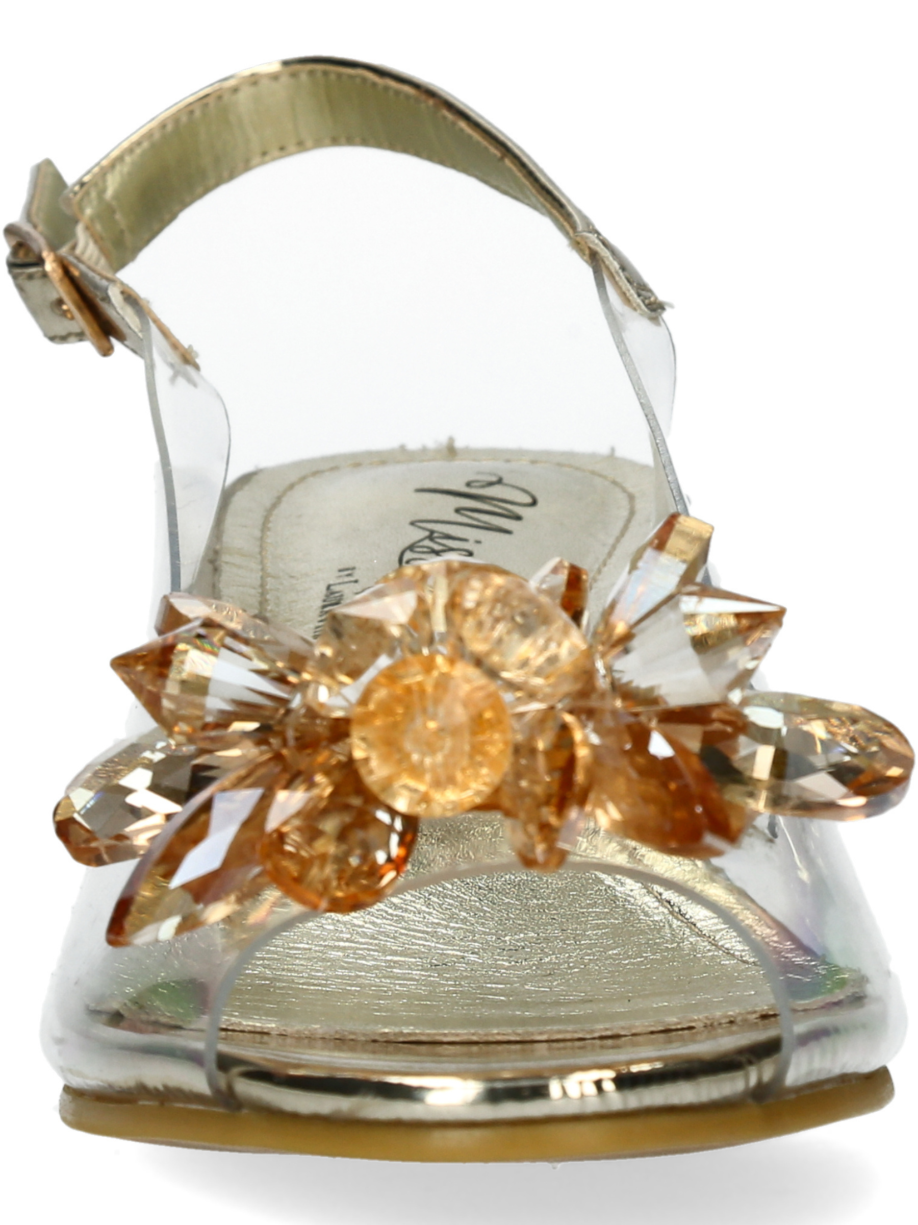 Misstyl Mily 22 Gold Heels with clear upper, crystal flower embellishment and decorative block heel.