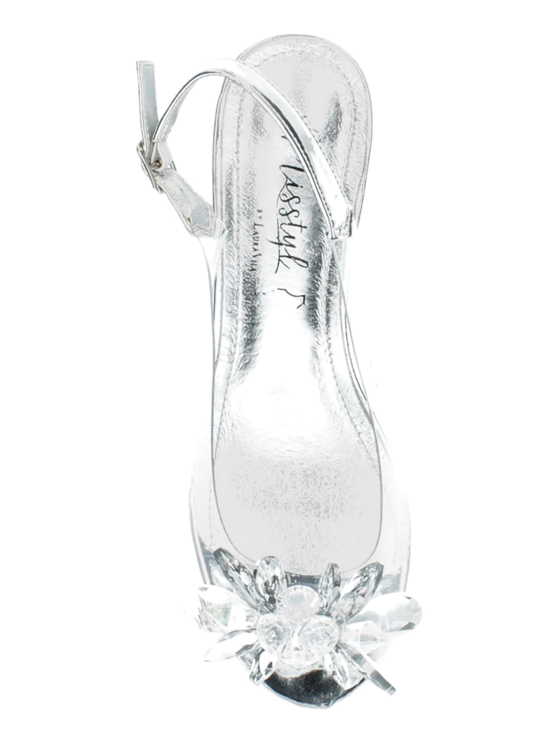 Misstyl Mily 22 Silver Heels with clear upper, crystal flower embellishment and decorative block heel.