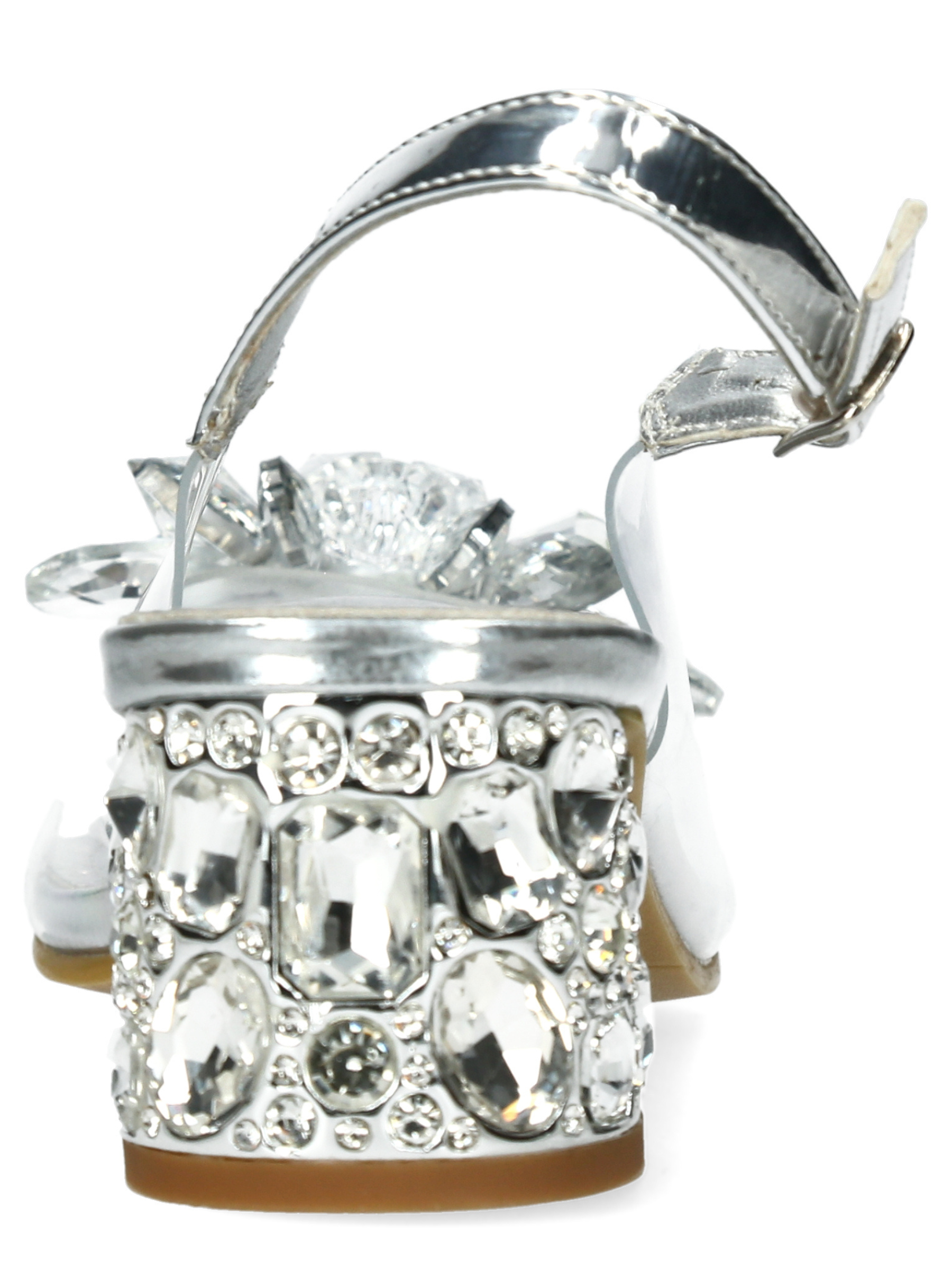 Misstyl Mily 22 Silver Heels with clear upper, crystal flower embellishment and decorative block heel.