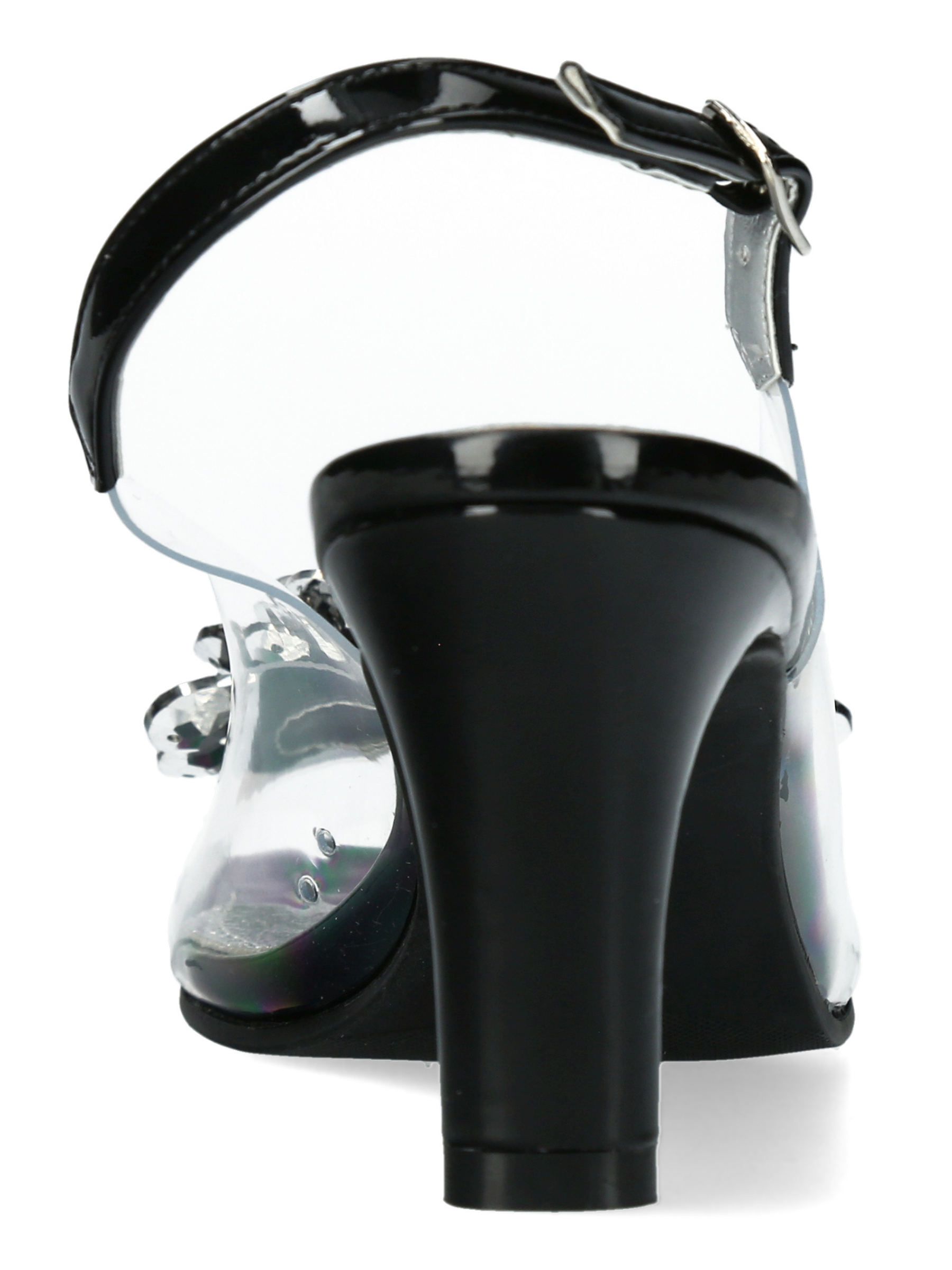 Misstyl Mira 05 Black Heels with clear upper, floral embellishment and slingback strap.