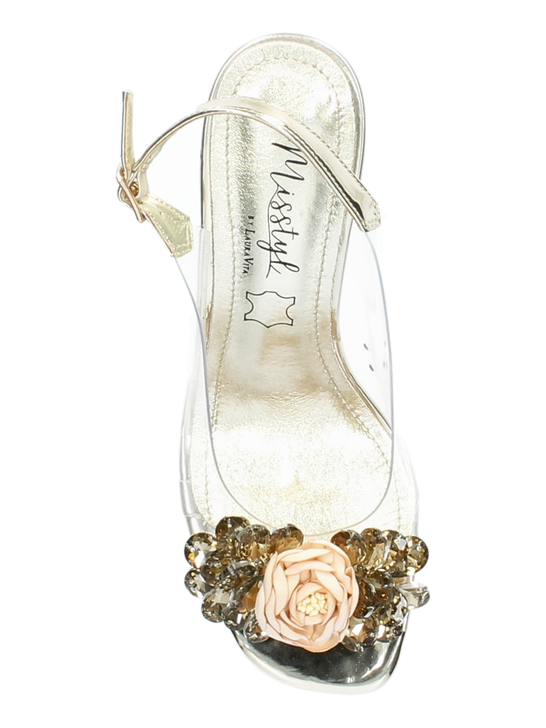 Misstyl Mira 05 Gold Heels with clear upper, floral embellishment and slingback strap.
