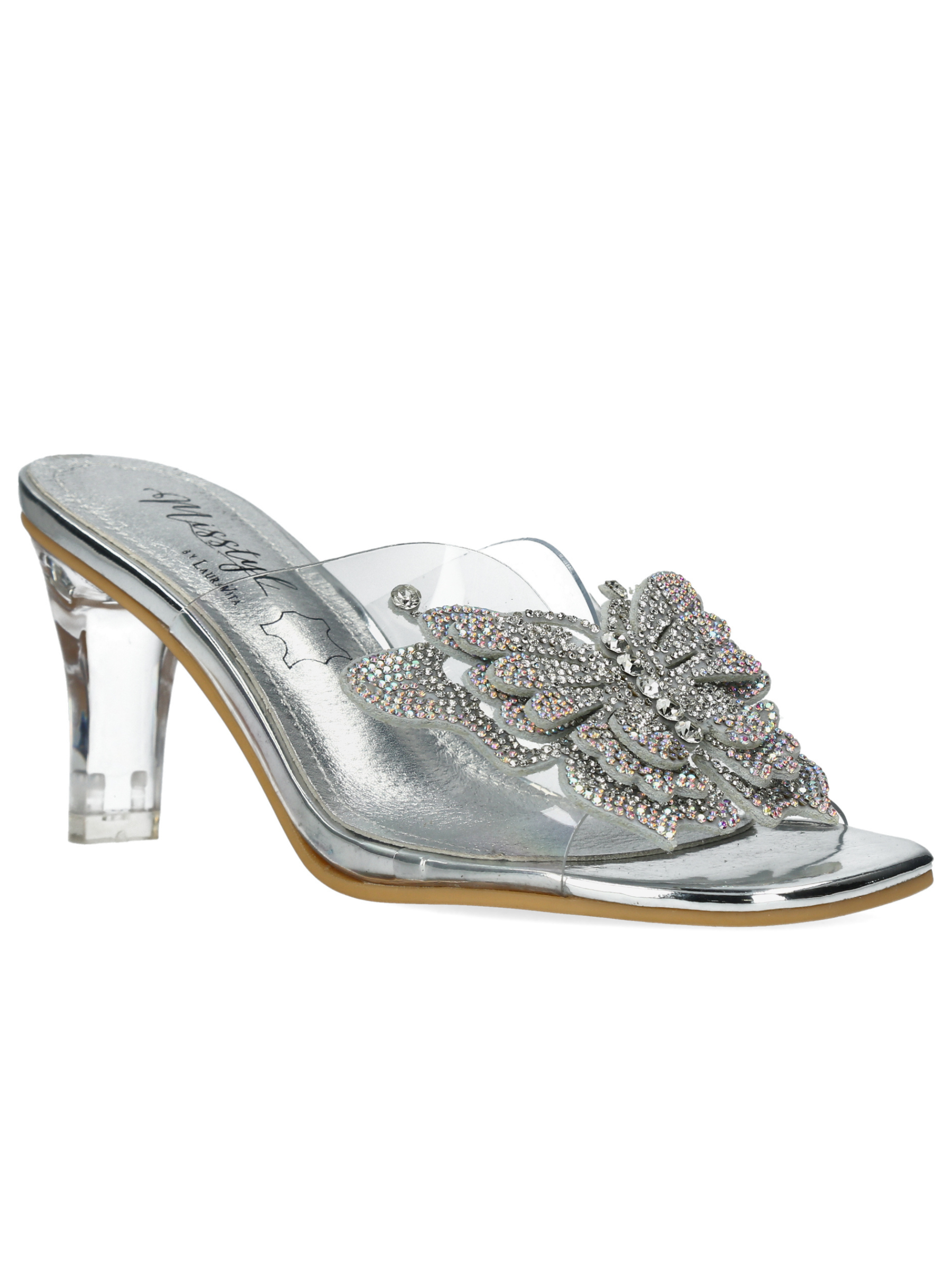 Misstyl Mira 07 Silver Heels with clear upper, crystal butterfly embellishment and sculpted clear heel.