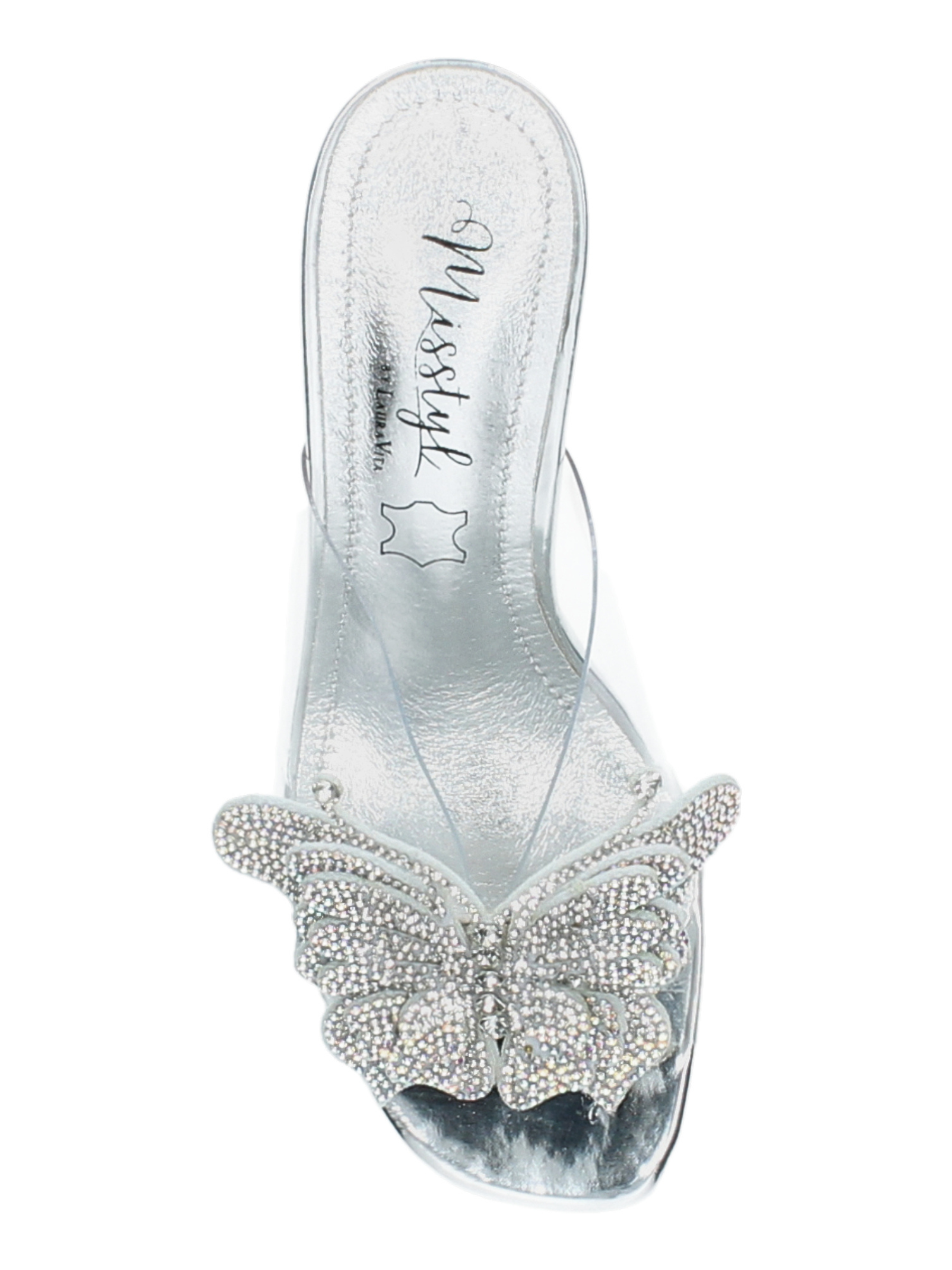 Misstyl Mira 07 Silver Heels with clear upper, crystal butterfly embellishment and sculpted clear heel.