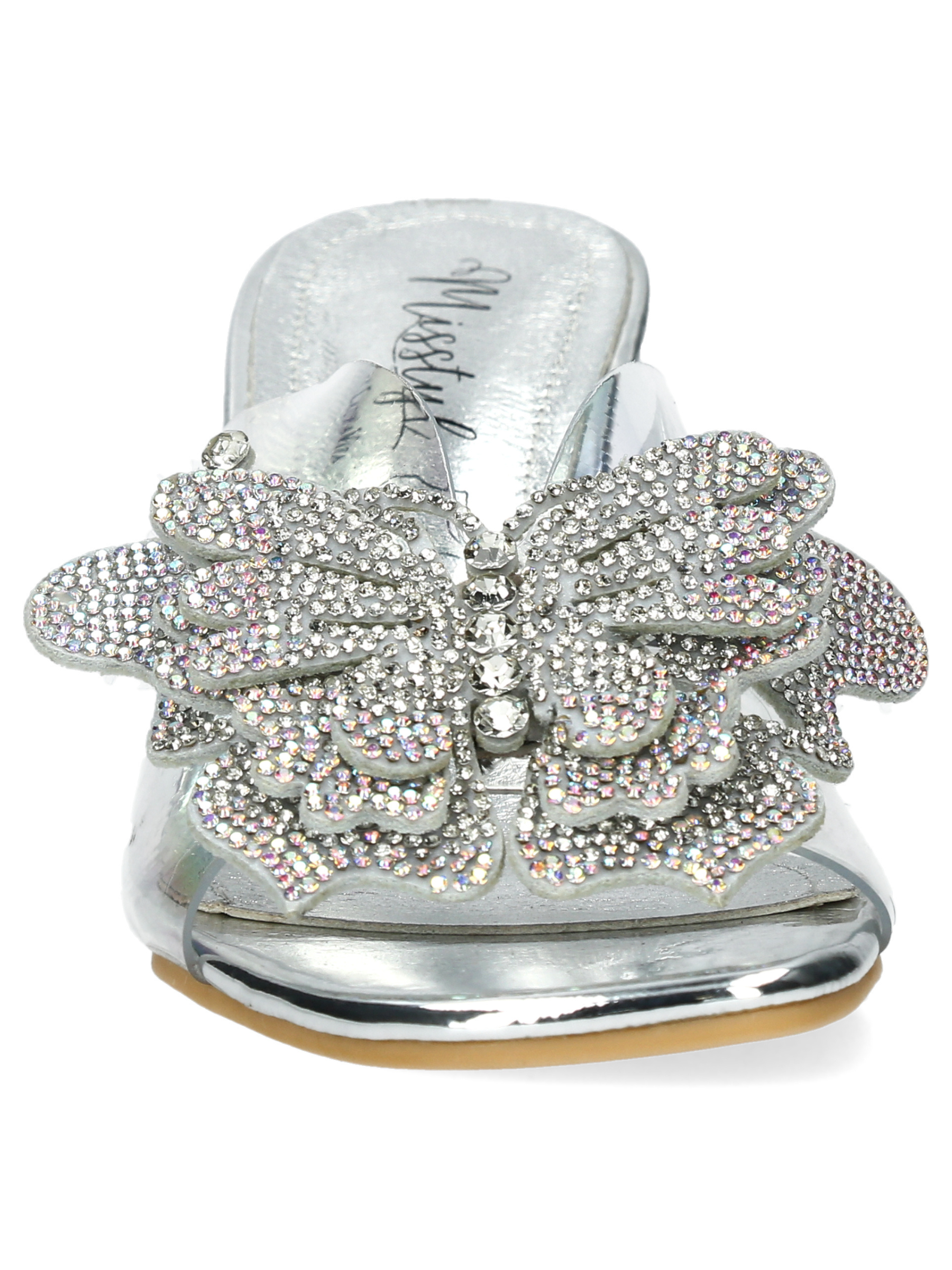 Misstyl Mira 07 Silver Heels with clear upper, crystal butterfly embellishment and sculpted clear heel.