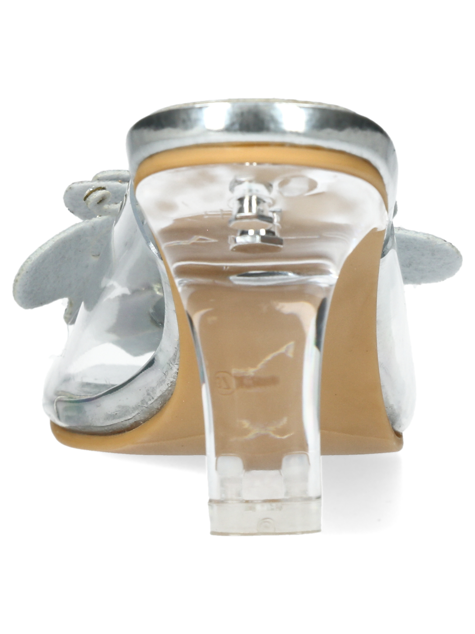 Misstyl Mira 07 Silver Heels with clear upper, crystal butterfly embellishment and sculpted clear heel.