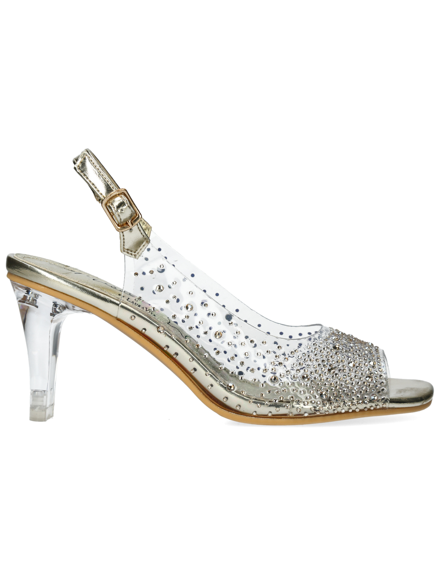 Misstyl Mira 08 Gold Heels with clear upper, crystal stud detailing and sculpted clear heel.