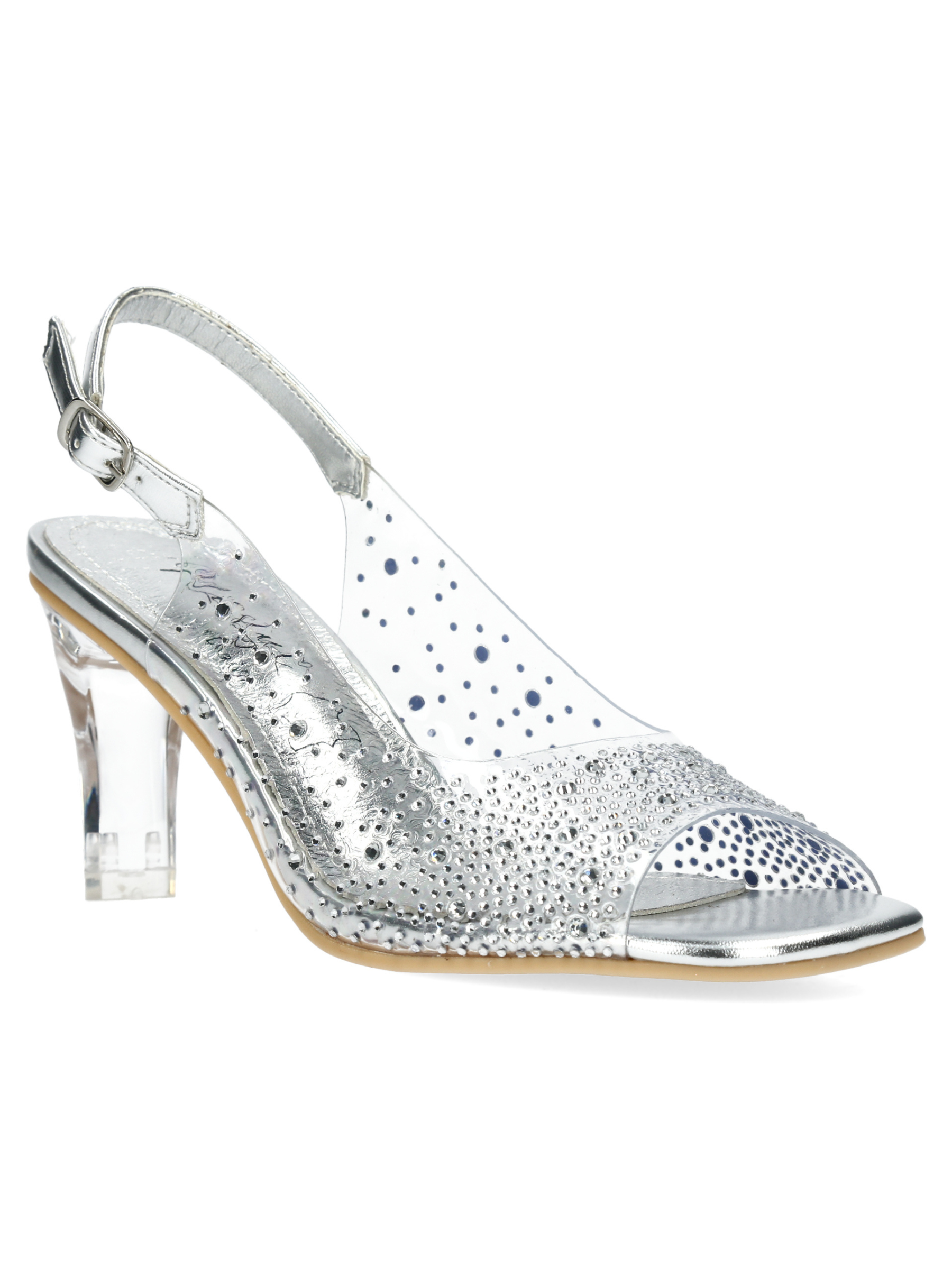 Misstyl Mira 08 Silver Heels with clear upper, crystal stud detailing and sculpted clear heel.