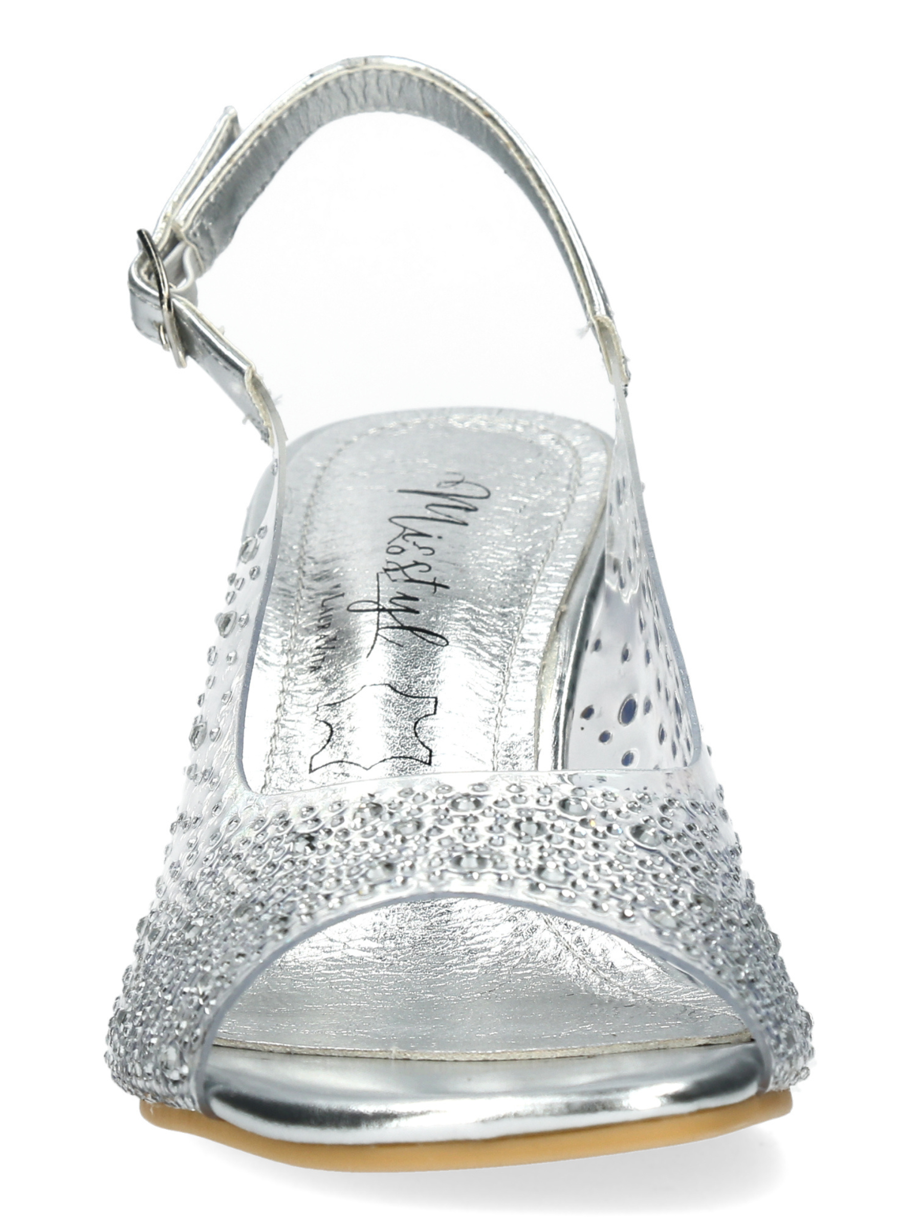 Misstyl Mira 08 Silver Heels with clear upper, crystal stud detailing and sculpted clear heel.