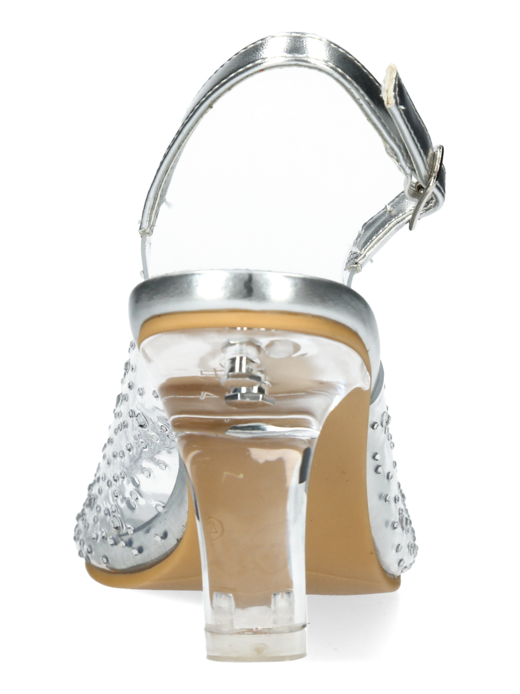 Misstyl Mira 08 Silver Heels with clear upper, crystal stud detailing and sculpted clear heel.