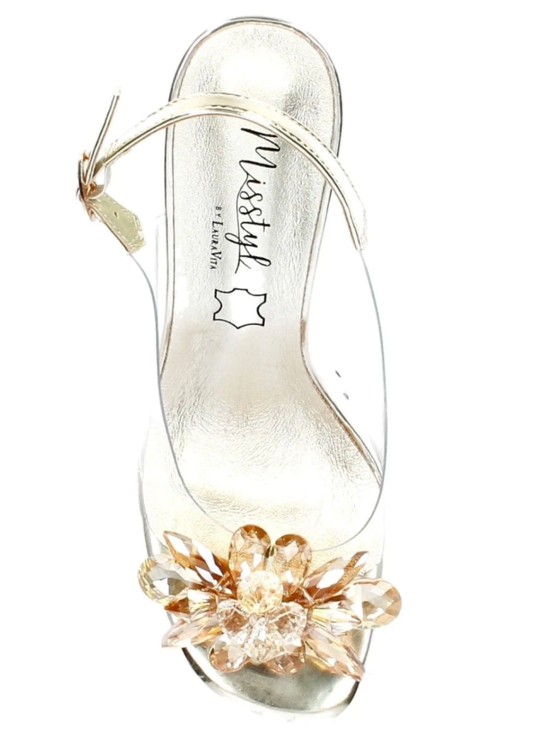 Misstyl Mira Gold Heels with pointed toe, clear upper, crystal embellishment, slingback strap and clear block heel.