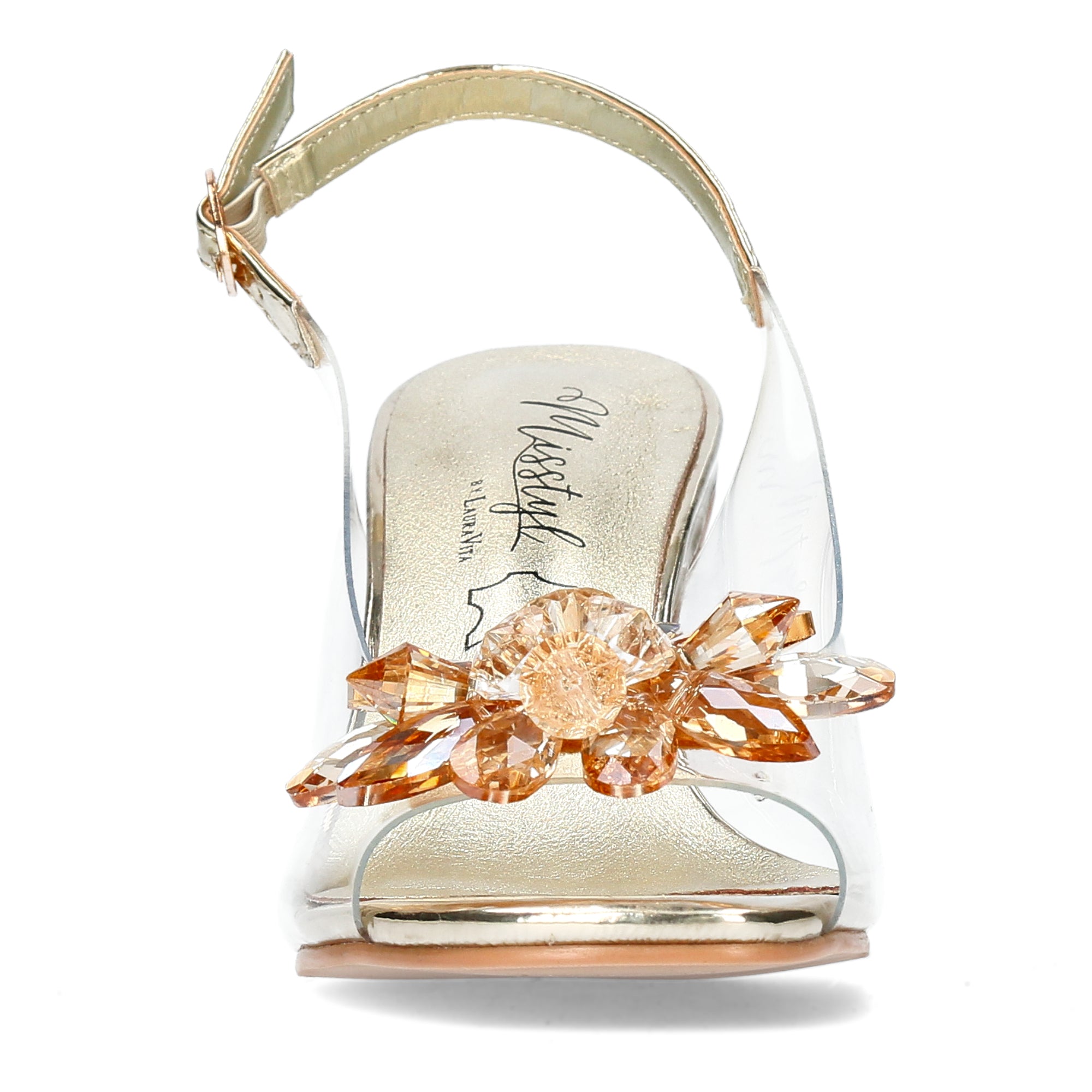 A pair of gold-colored heels with ankle straps