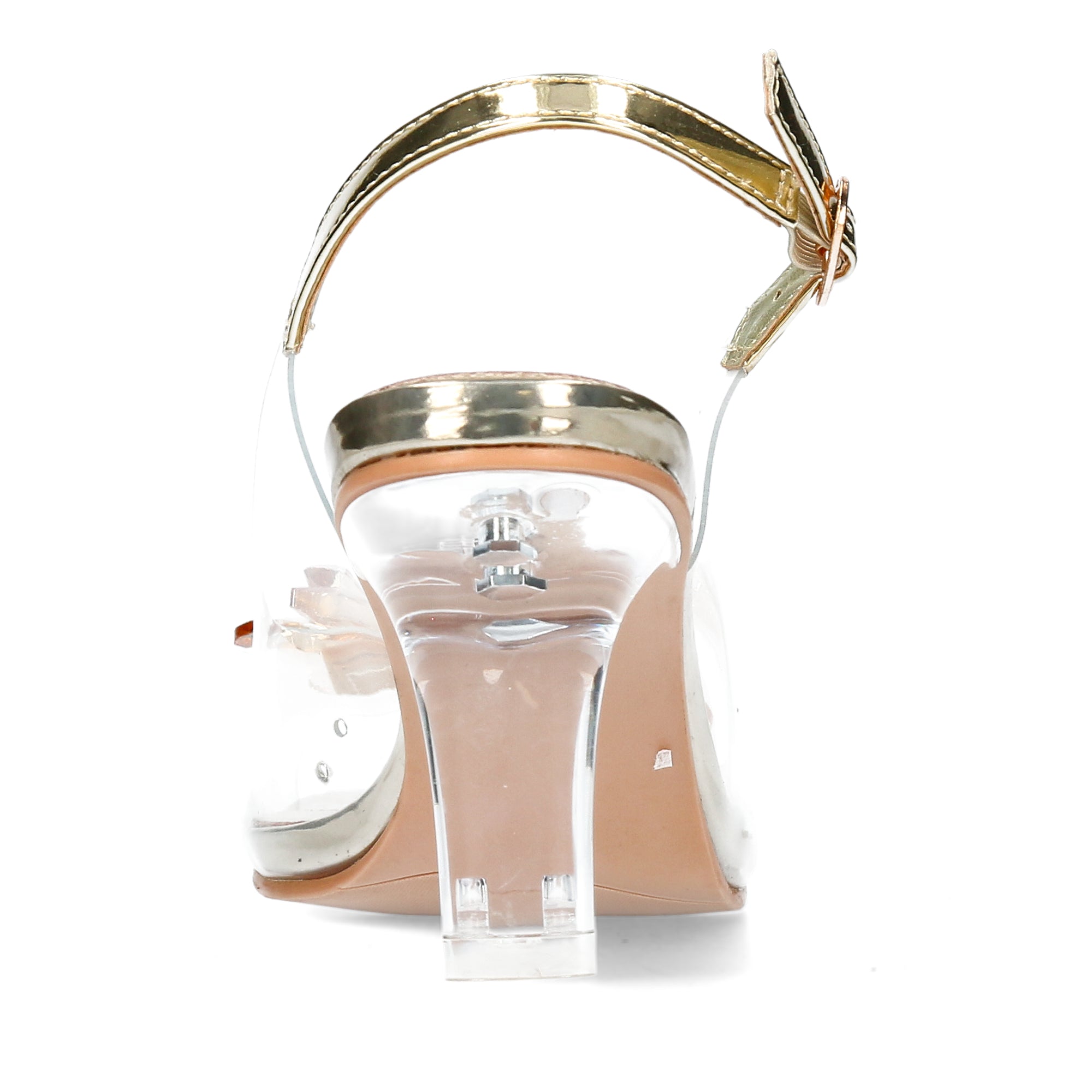 A pair of gold-colored heels with ankle straps