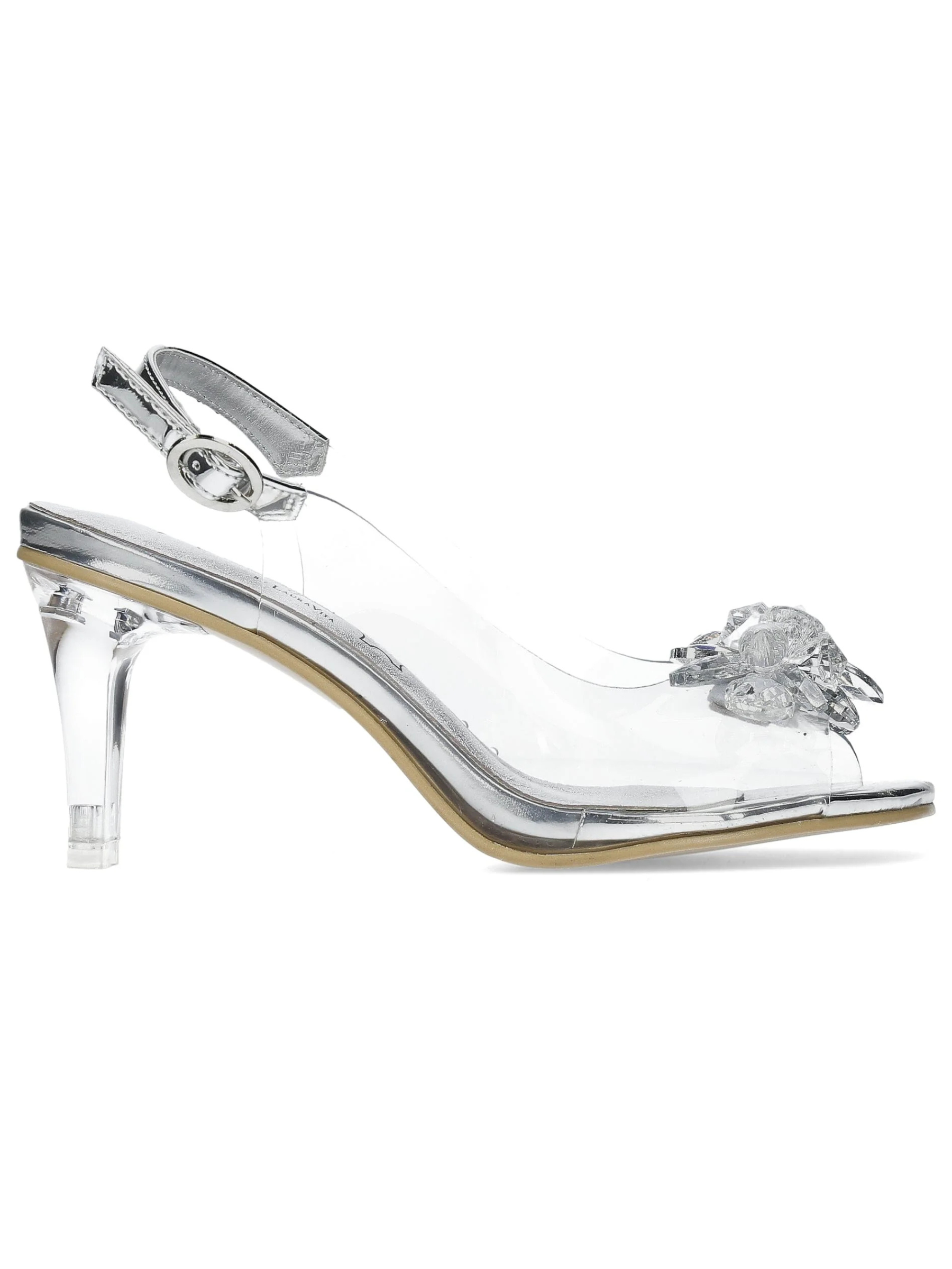 Misstyl Mira Silver Heels with pointed toe, clear upper, crystal embellishment, slingback strap and clear block heel.