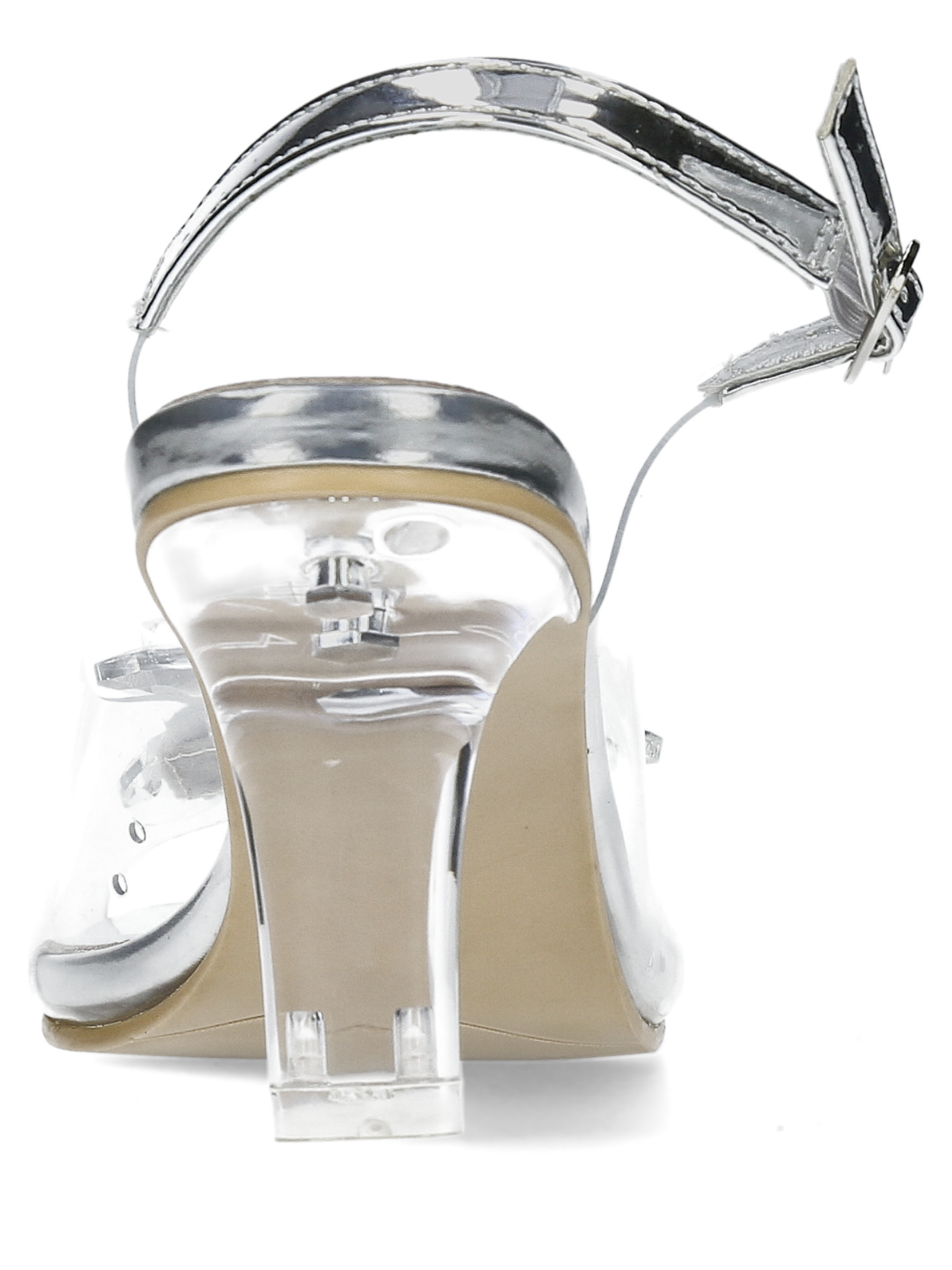 Misstyl Mira Silver Heels with pointed toe, clear upper, crystal embellishment, slingback strap and clear block heel.