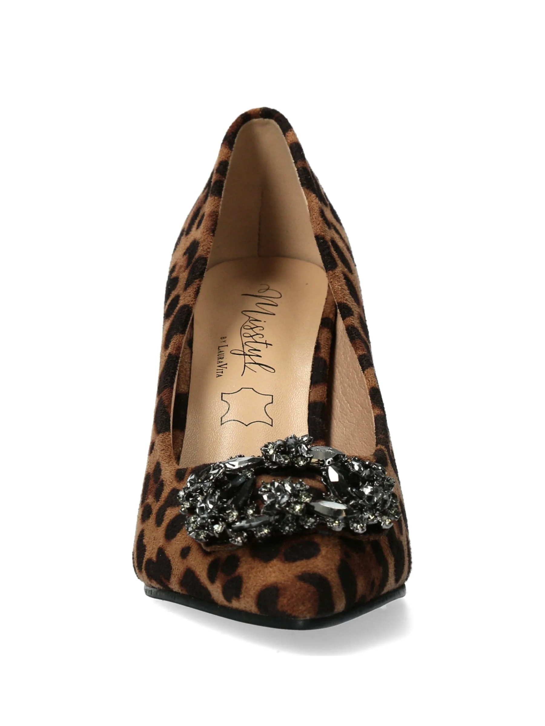Misstyl Myriano 02 Camel Heel – leopard print stiletto pumps with crystal brooch detail and jewelled 7.5 cm heel, women’s statement evening shoes.