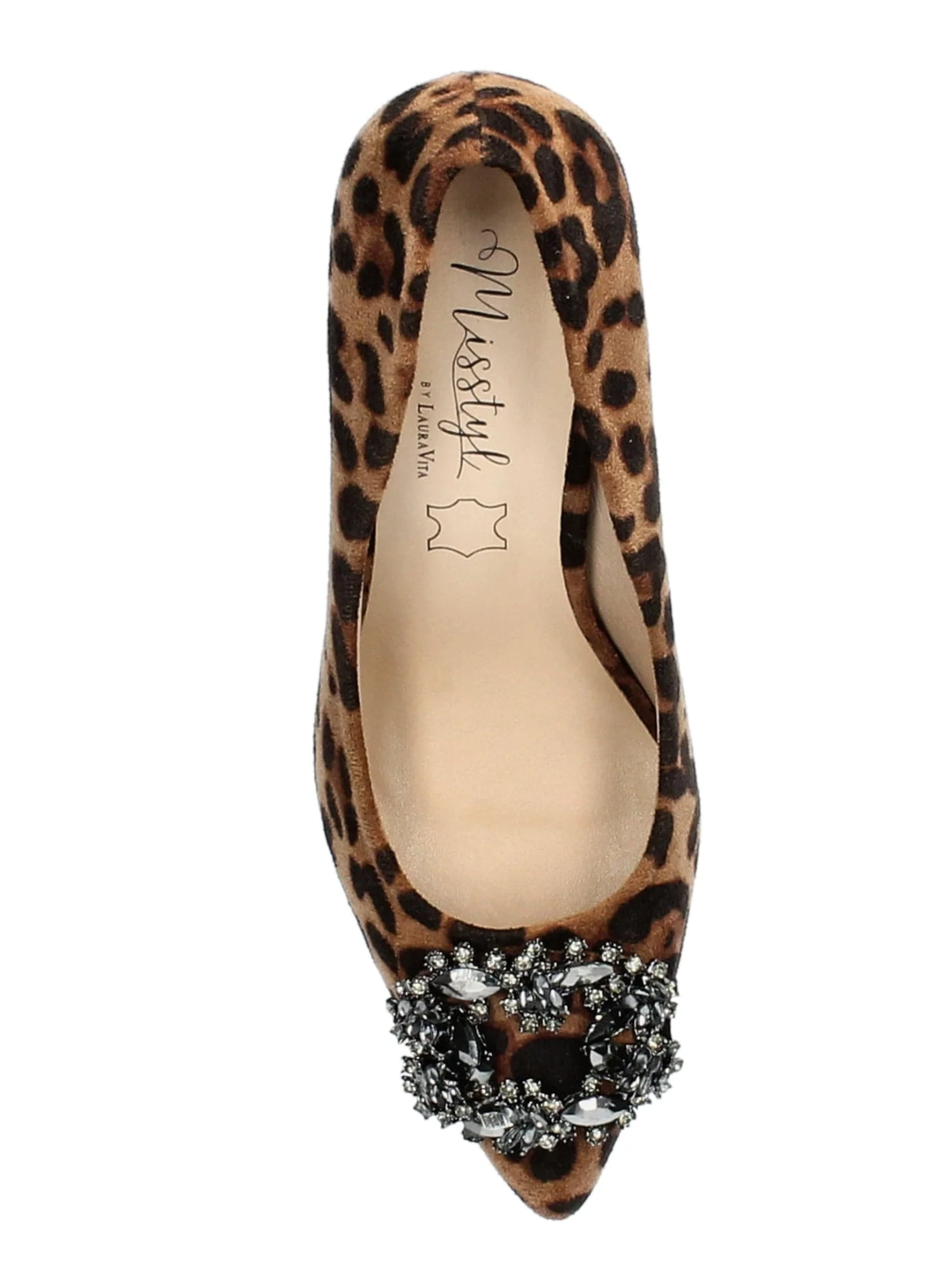Misstyl Myriano 02 Camel Heel – leopard print stiletto pumps with crystal brooch detail and jewelled 7.5 cm heel, women’s statement evening shoes.