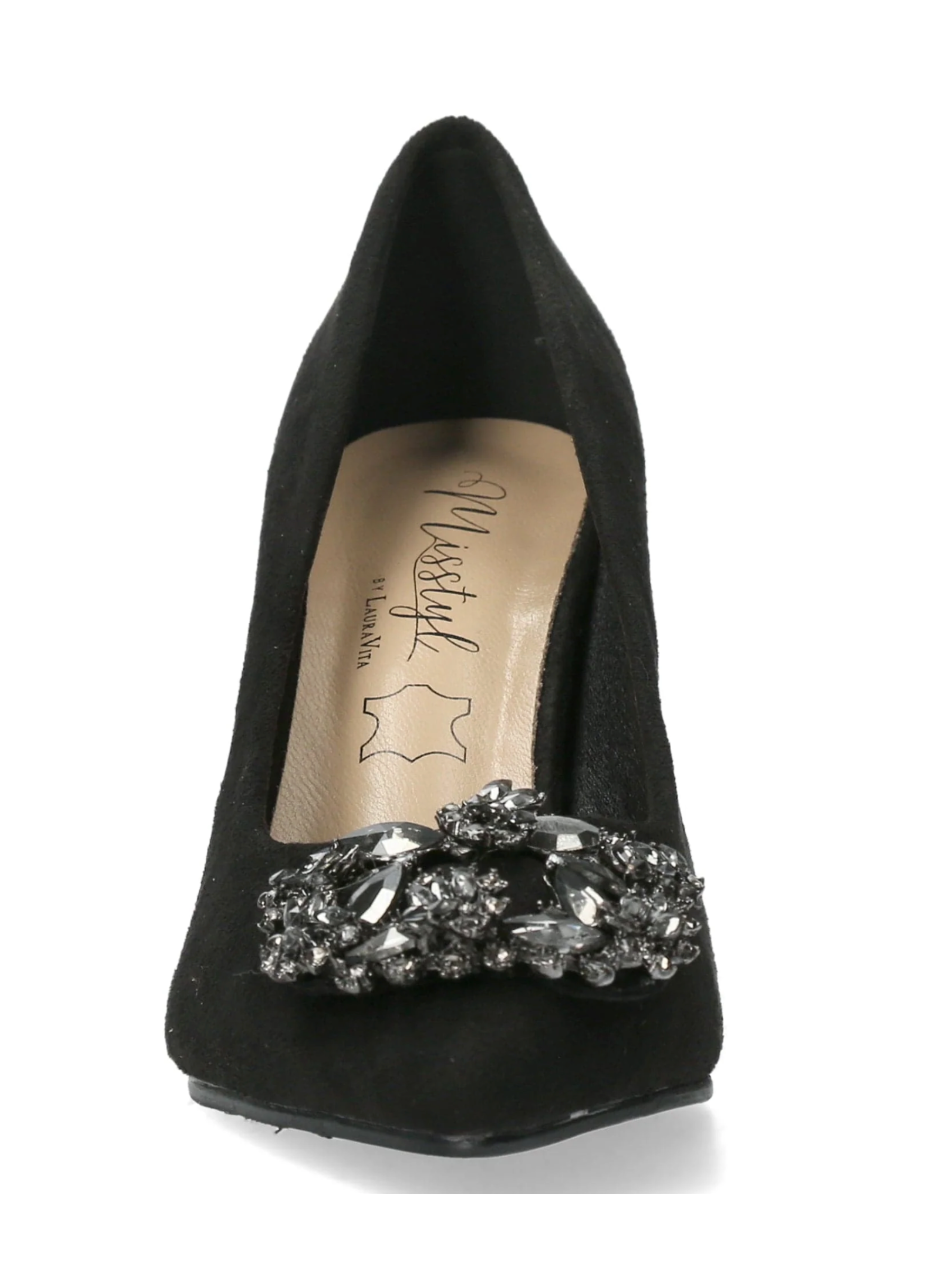 Misstyl Myriano 02 Noir Heel – black pointed-toe stiletto with jewel embellishment, elegant women’s dress heels with 7.5 cm sculpted heel.