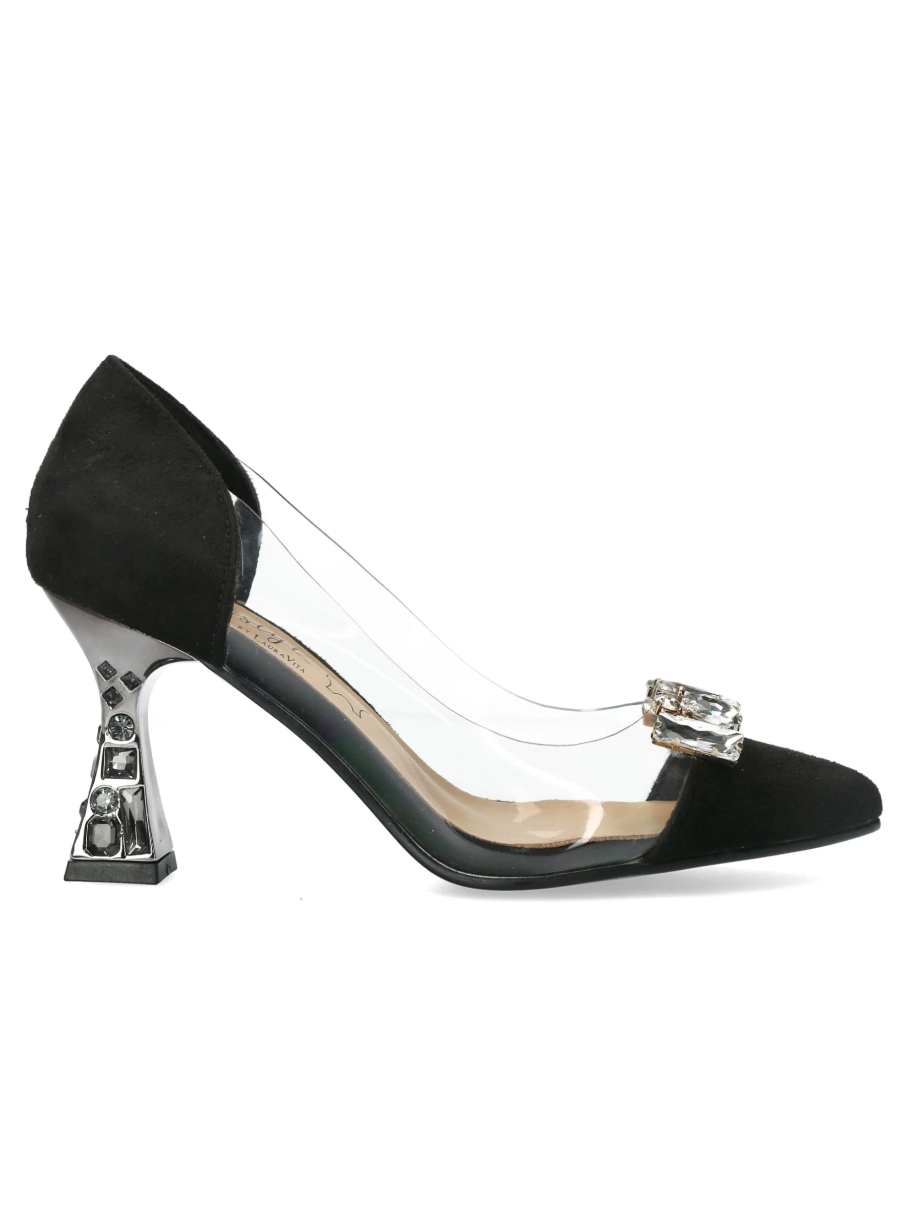 Misstyl Myriano 06 Noir Heel – black stiletto with jewel-embellished pointed toe, clear TPU upper and crystal-detailed heel.