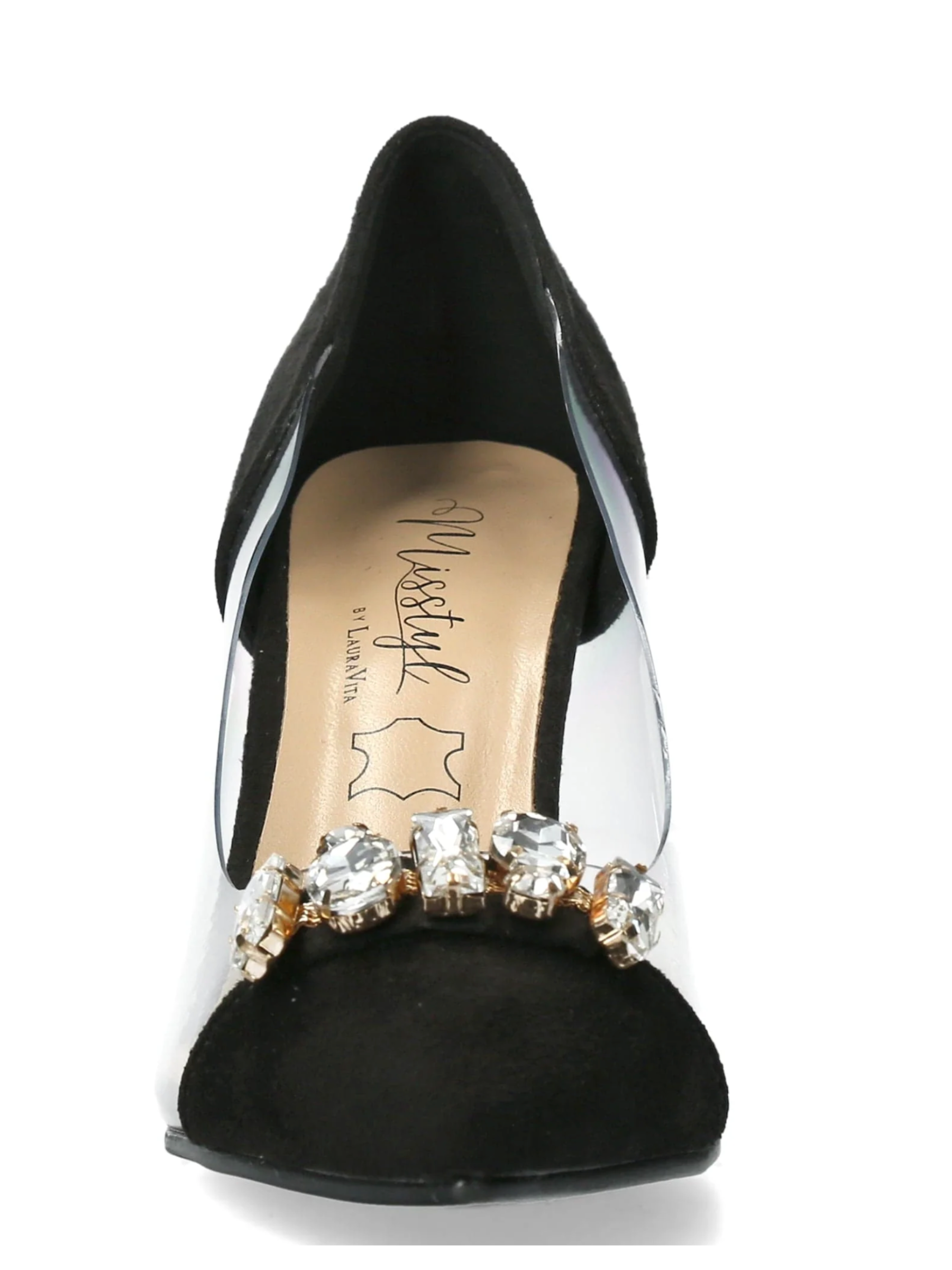 Misstyl Myriano 06 Noir Heel – black stiletto with jewel-embellished pointed toe, clear TPU upper and crystal-detailed heel.