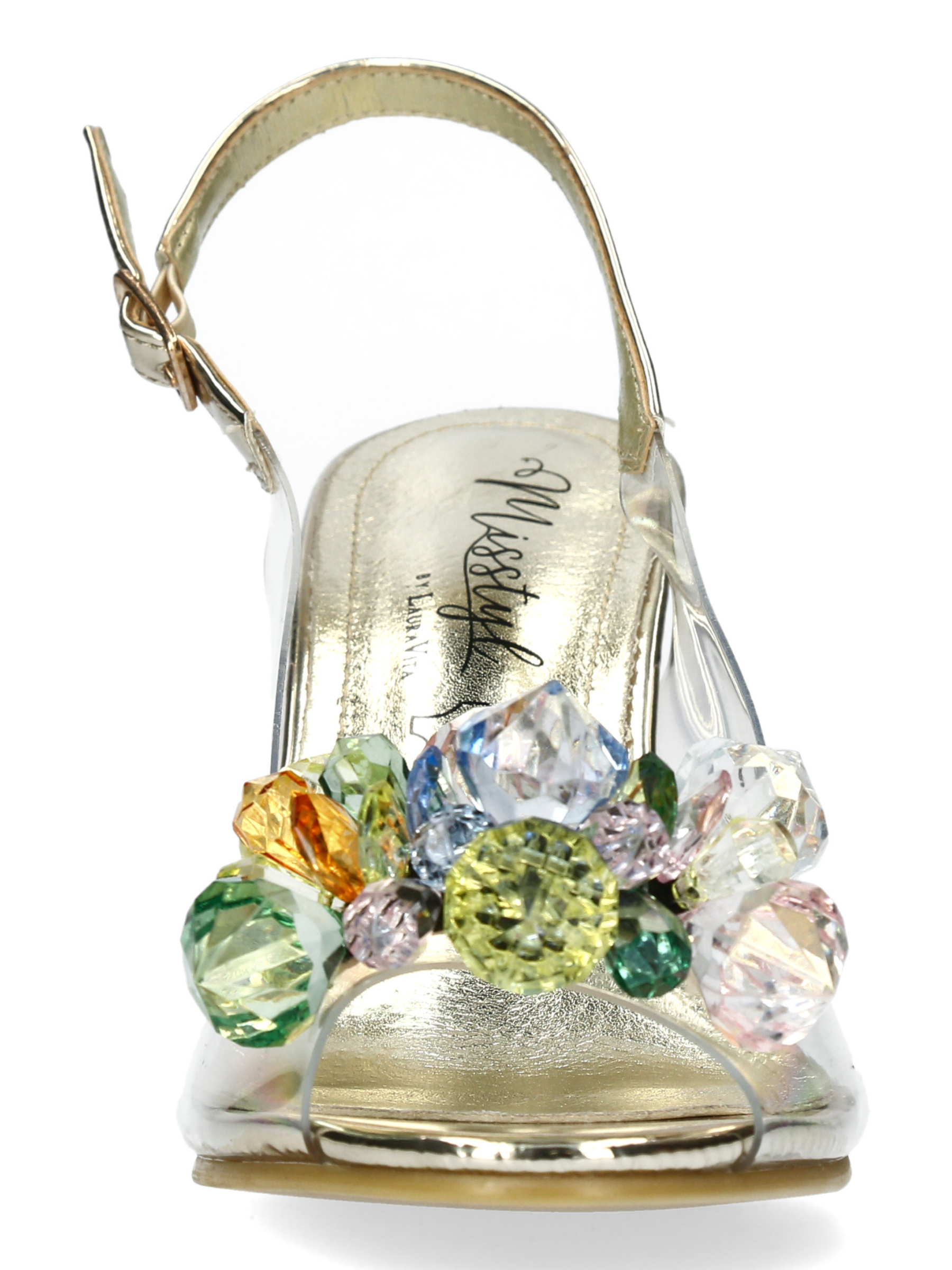 Misstyl Myriano 16 Gold Heels with clear upper, multicoloured gemstone embellishment and sculpted heel.
