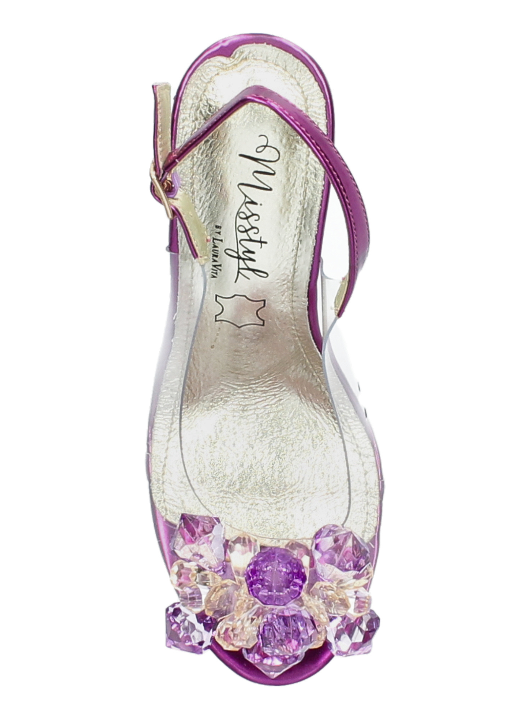 Misstyl Myriano 16 Violet Heels with clear upper, gemstone embellishment and sculpted heel.