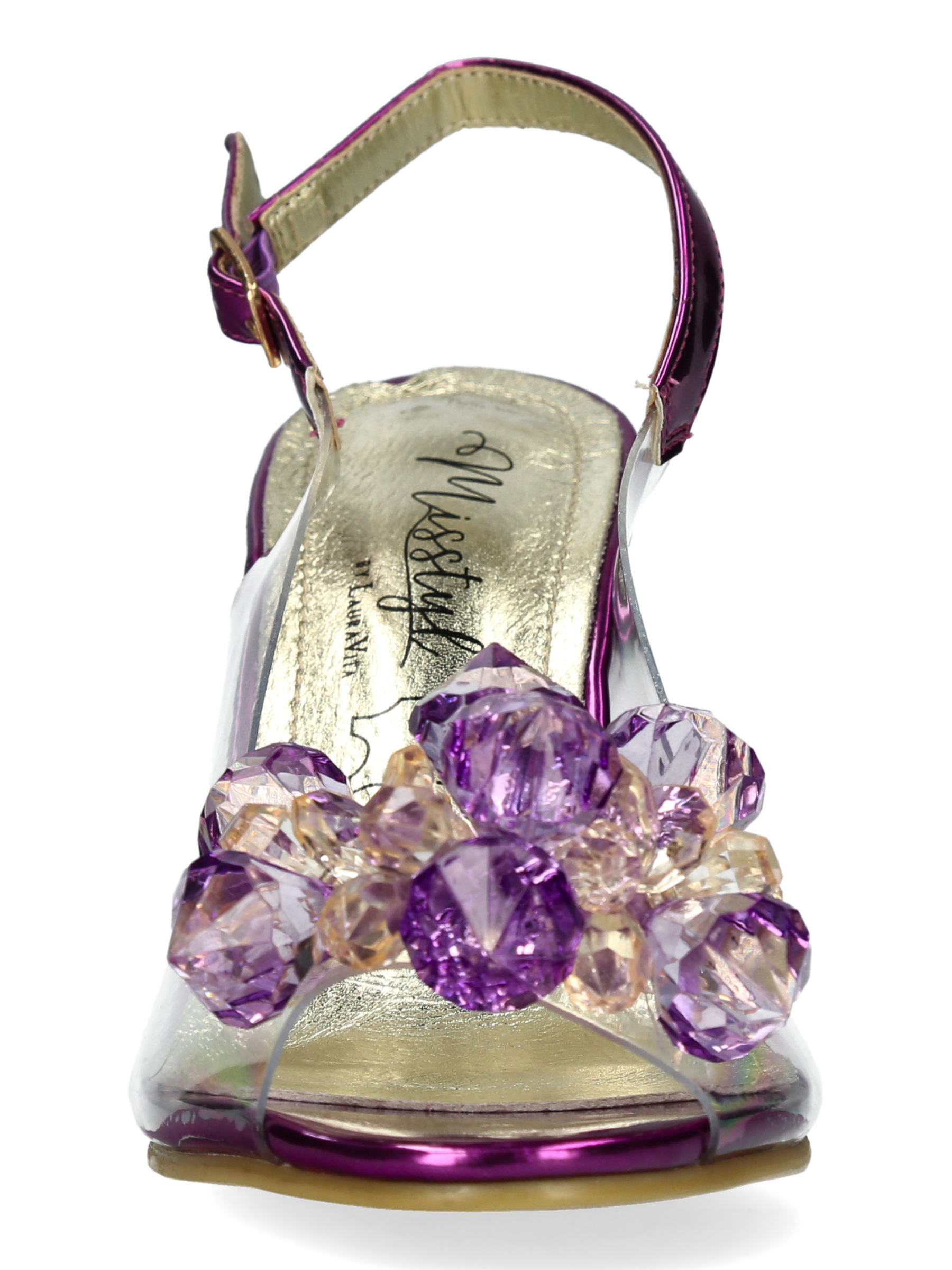 Misstyl Myriano 16 Violet Heels with clear upper, gemstone embellishment and sculpted heel.