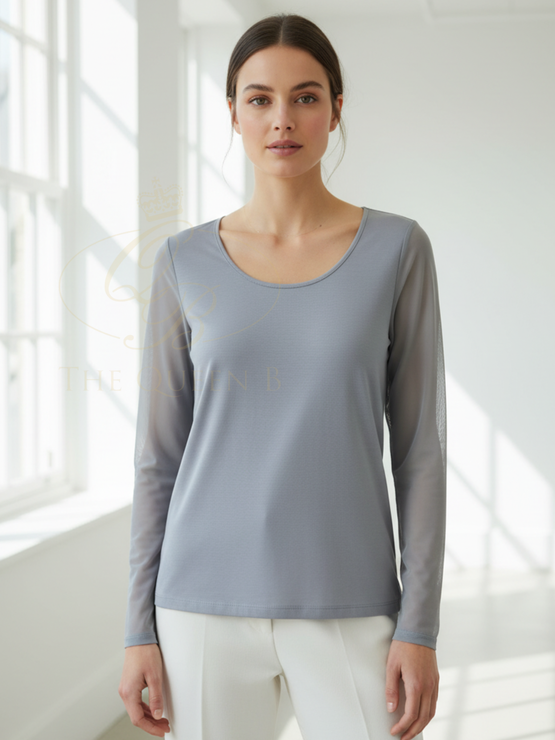 Naya NAS26 106 Round Neck & Mesh Sleeve Jersey Top featuring soft viscose jersey body, contrast mesh long sleeves and classic round neckline.