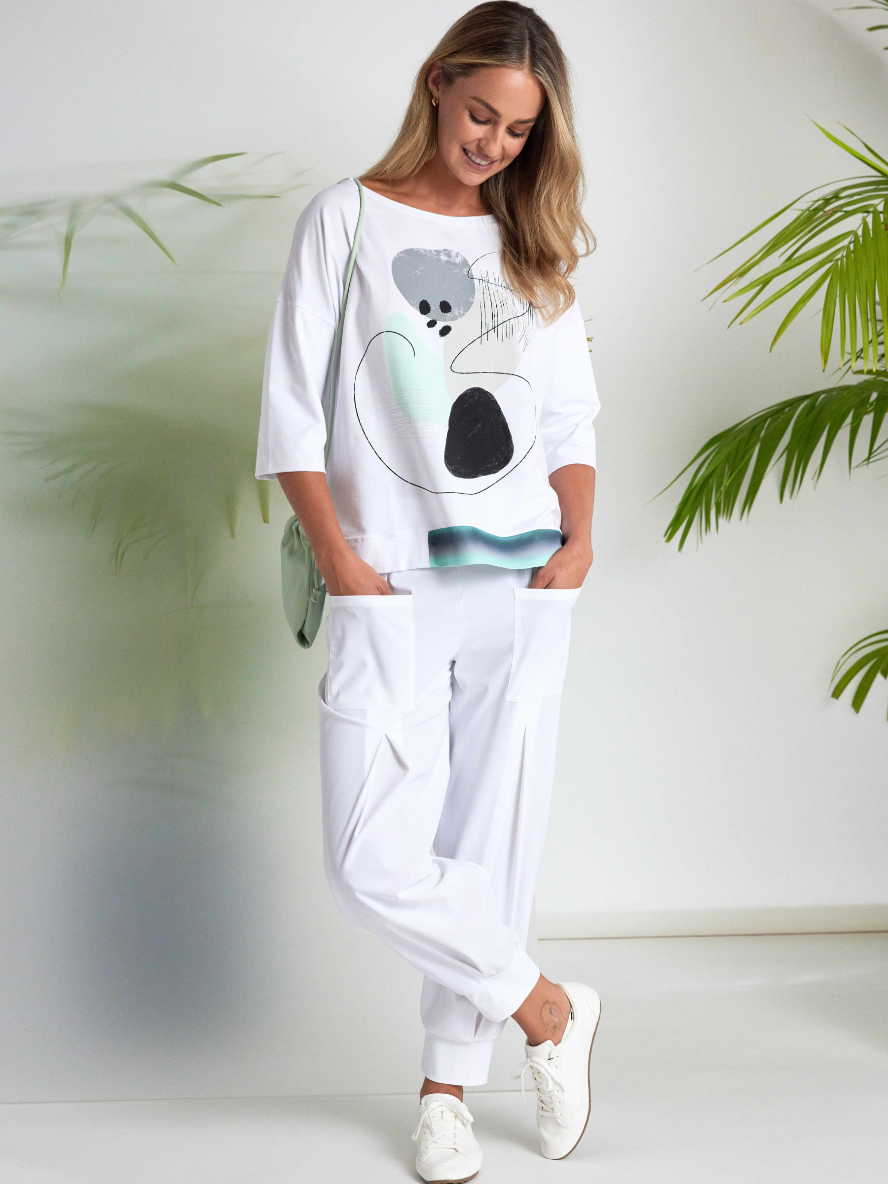 Naya NAS26 124 Contrast Hempanel Placement Print Top featuring soft cotton stretch fabric, abstract front placement print, contrast hem panel and relaxed fit.