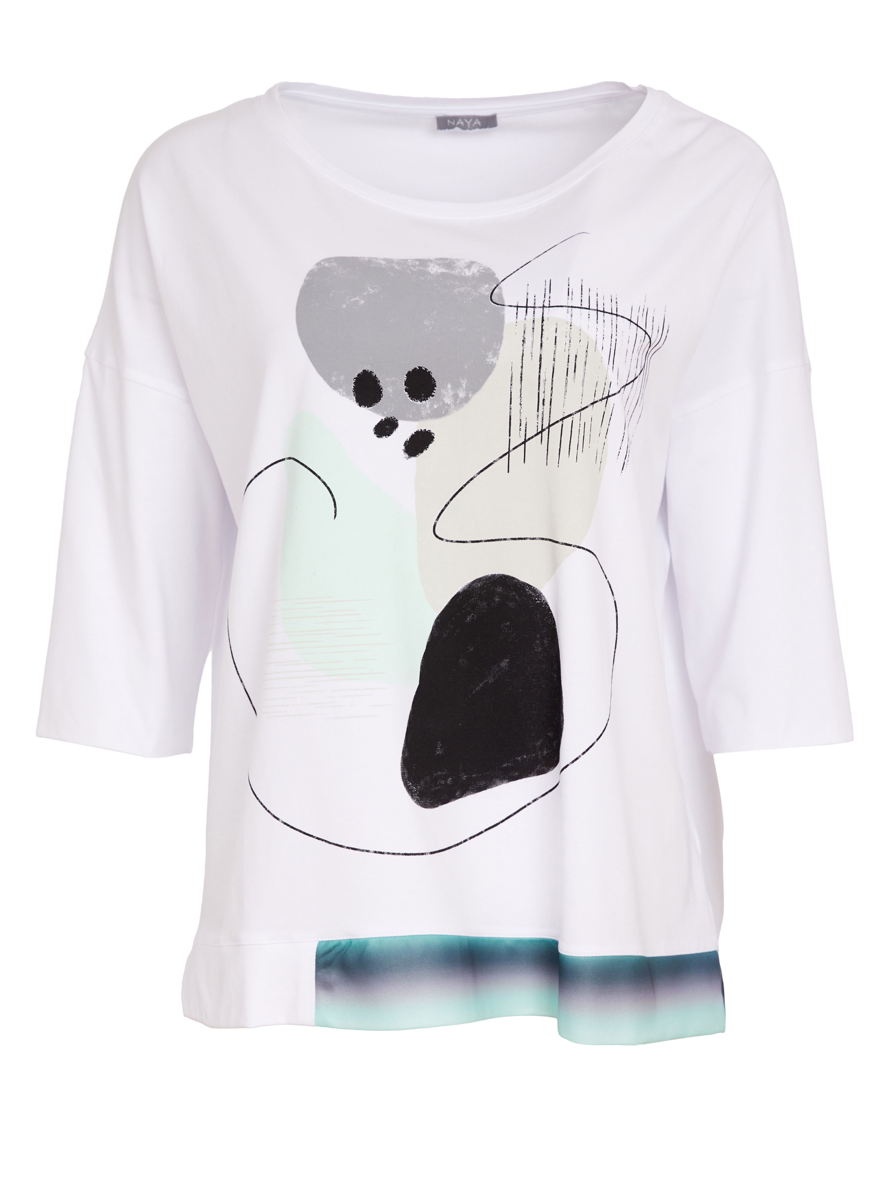 Naya NAS26 124 Contrast Hempanel Placement Print Top featuring soft cotton stretch fabric, abstract front placement print, contrast hem panel and relaxed fit.