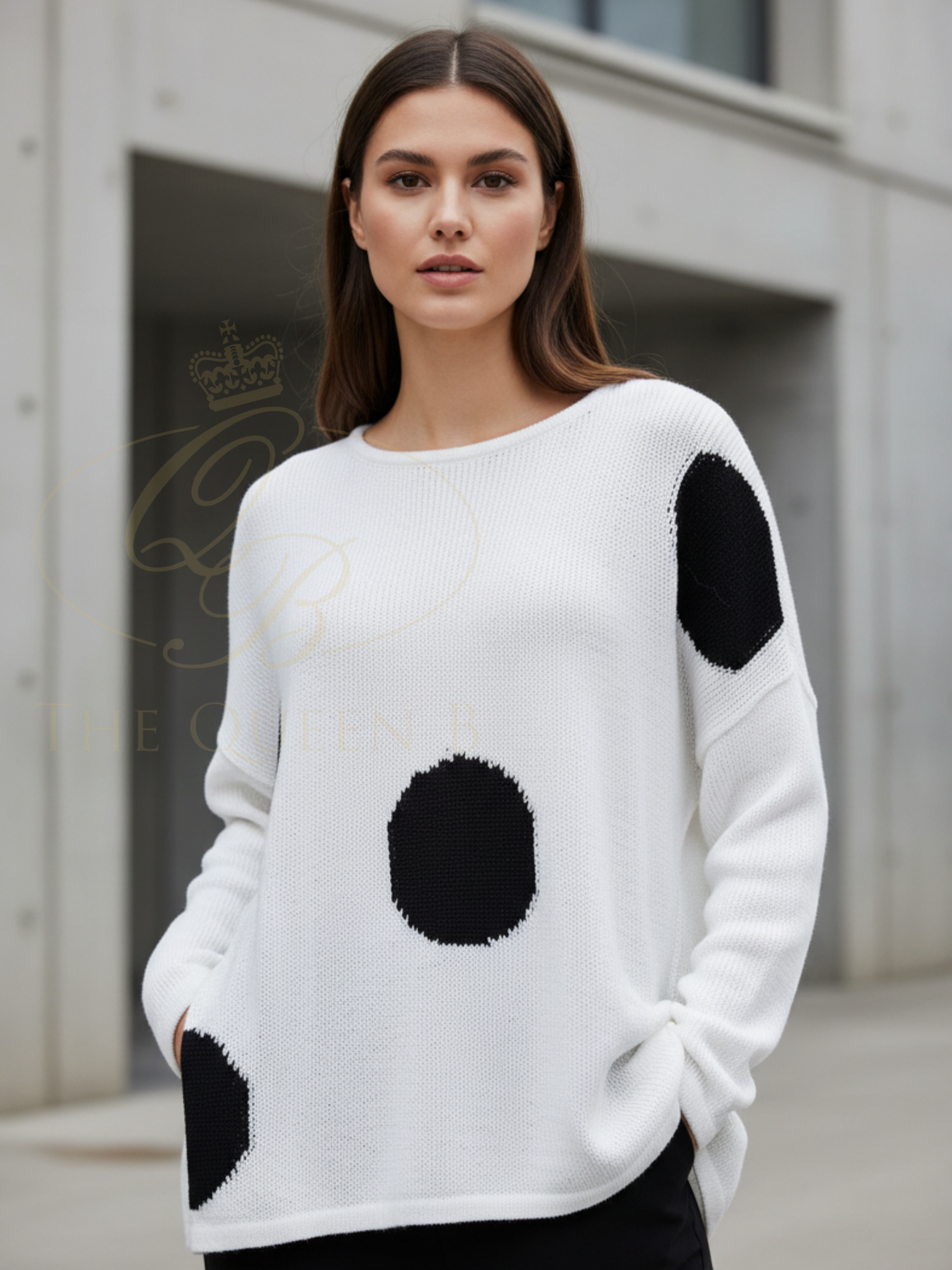 Naya NAS26 142 Soft Print Round Neck Organic Knit featuring lightweight organic cotton knit, round neckline and bold spot print design.