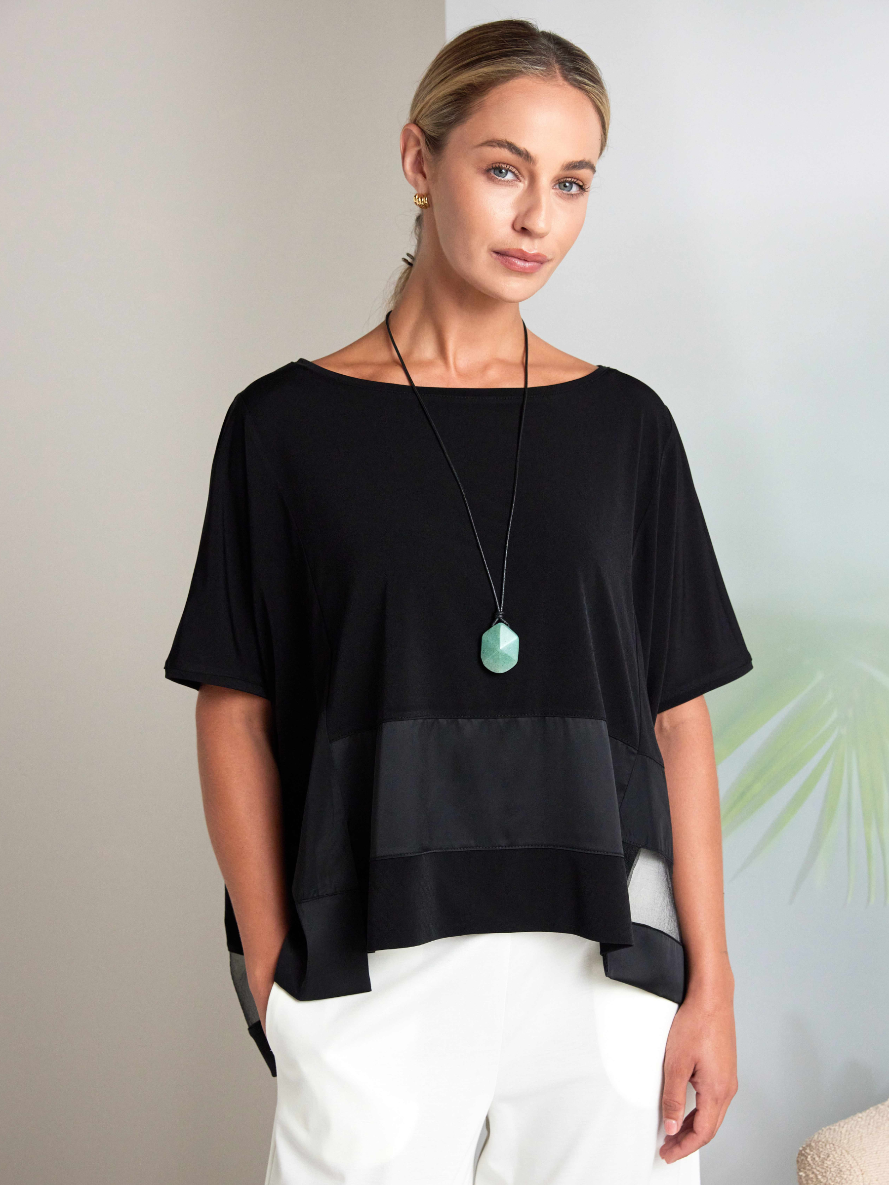 Naya NAS26 169 Square Shape Top featuring boxy silhouette, contrast panel detailing and short sleeves.