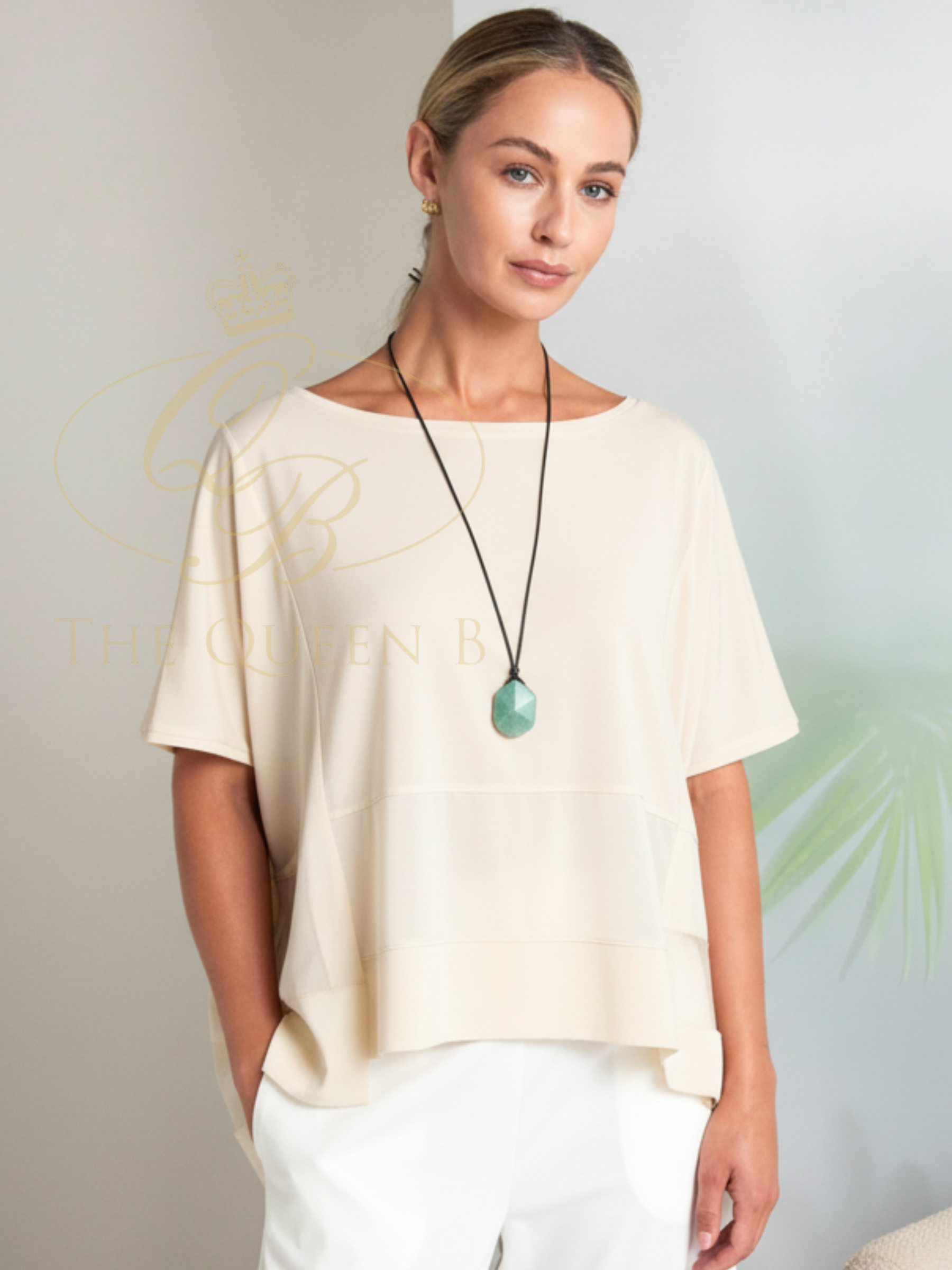 Naya NAS26 169 Square Shape Top featuring boxy silhouette, contrast panel detailing and short sleeves.