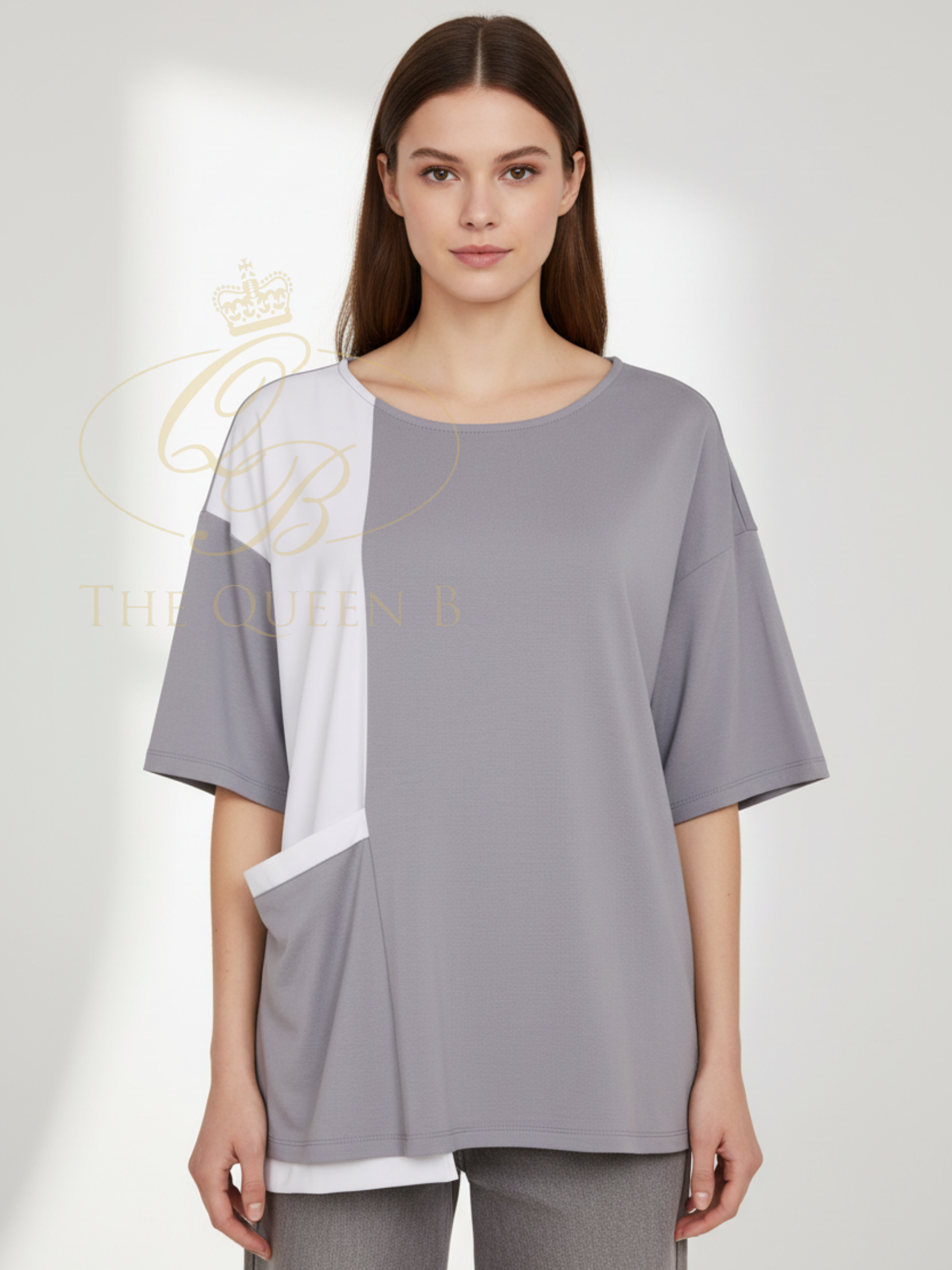 Naya NAS26 178 Mixed Panel Round Neck Top with contrast panel detailing and relaxed silhouette.