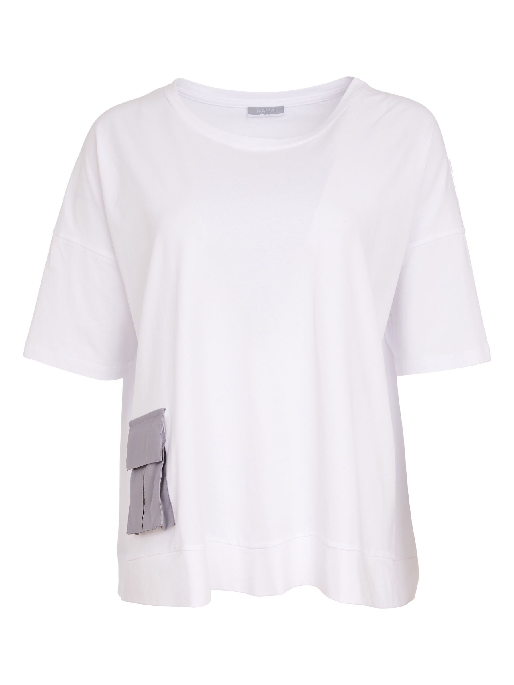 Naya NAS26 212 round neck women’s top with relaxed fit, short sleeves and contrast pocket detail.